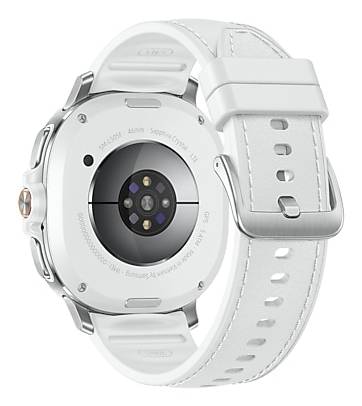 Rückseite einer weißen Smartwatch mit einem runden Sensorclusters und weißem Armband, gezeigt auf einem einfachen Hintergrund.