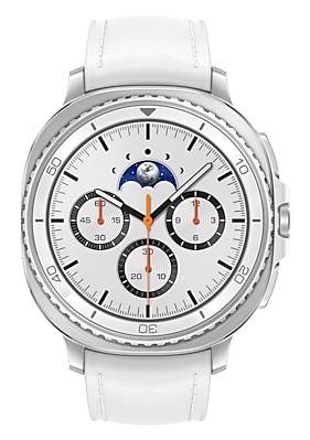 Silberne analoge Chronograph-Armbanduhr mit weißem Armband, weißem Zifferblatt, Mondphasen-Anzeige und drei Unteruhren.
