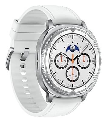 Weiße Armbanduhr mit silbernem Gehäuse und weißem Armband, mit einem Chronograph-ähnlichen Zifferblatt mit drei Hilfszifferblättern und einer Mondphasenanzeige.