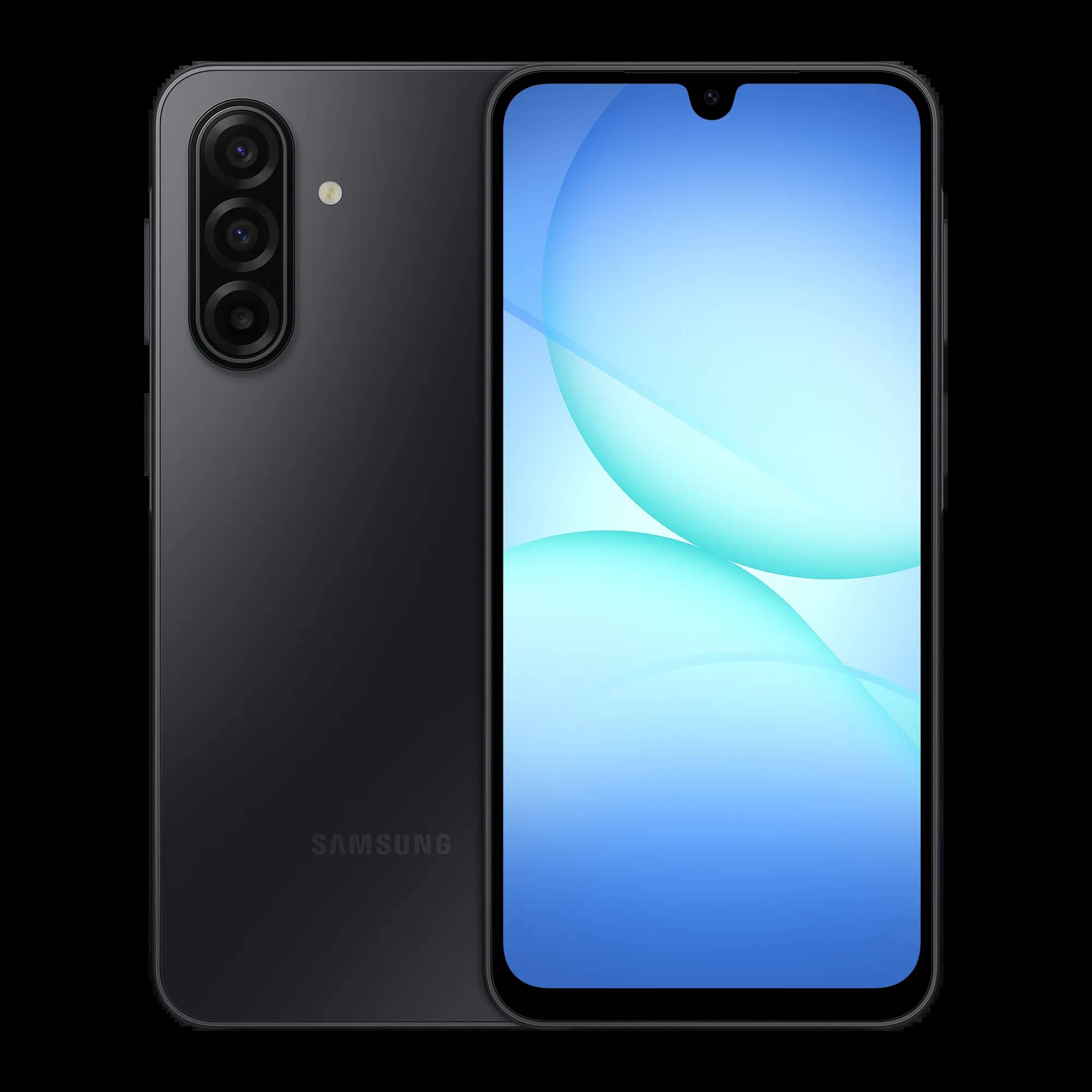 Schwarzes Samsung-Smartphone von vorne und hinten gezeigt, mit dreifacher Rückkamera und einem tropfenförmigen Notch-Display auf einem blauen abstrakten Bildschirm.