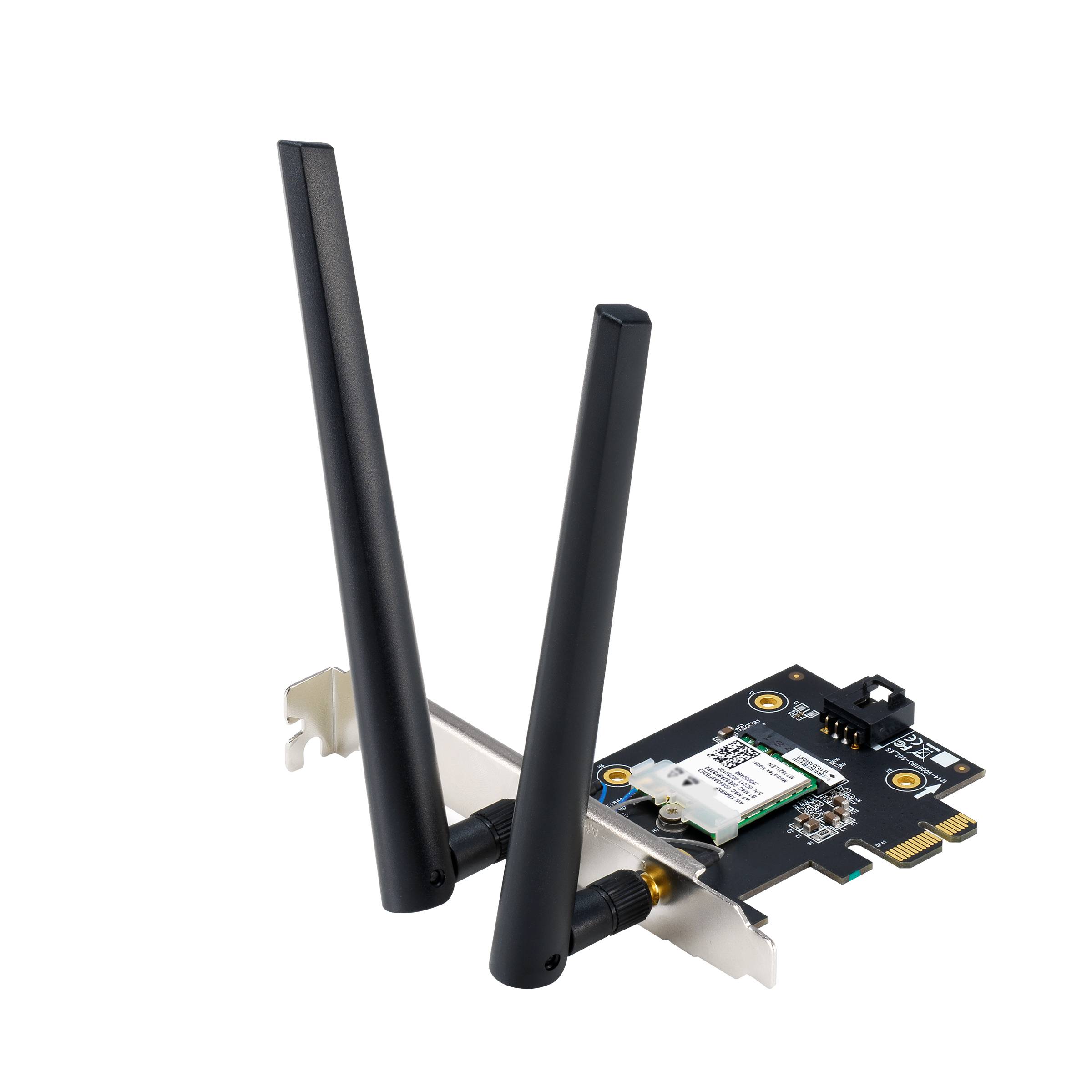 PCIe-Wi-Fi-Adapterkarte mit zwei schwarzen externen Antennen und einem kleinen Funkmodul, das an einer Metallhalterung befestigt ist.