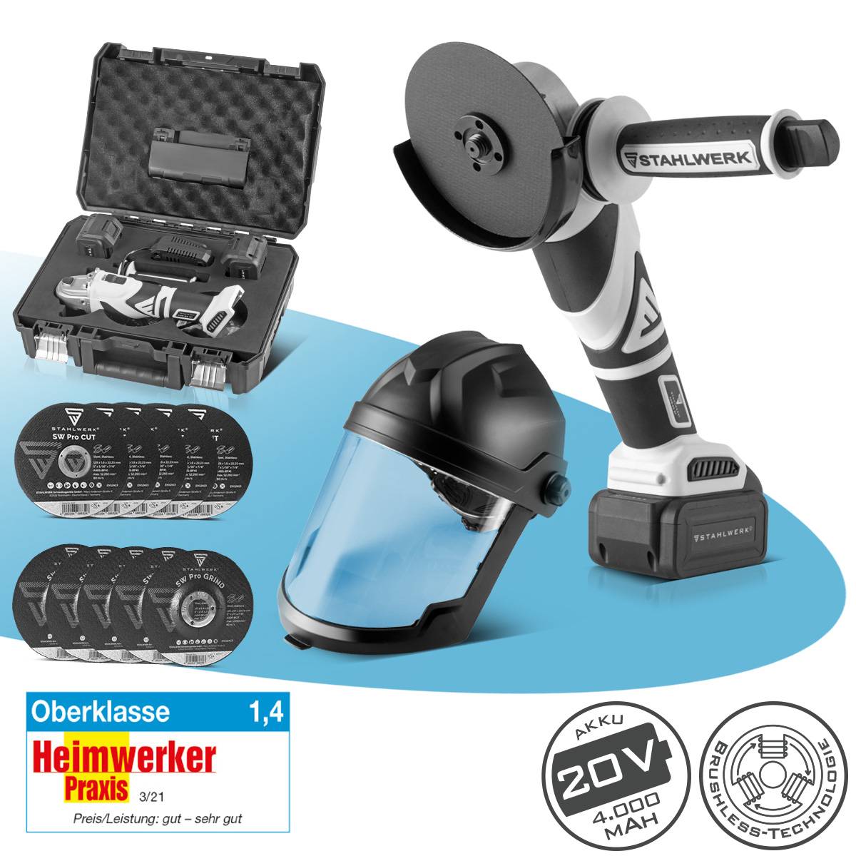 STAHLWERK Schleif-Set Brushless Akku-Winkelschleifer AWS-20 ST Schleifhelm