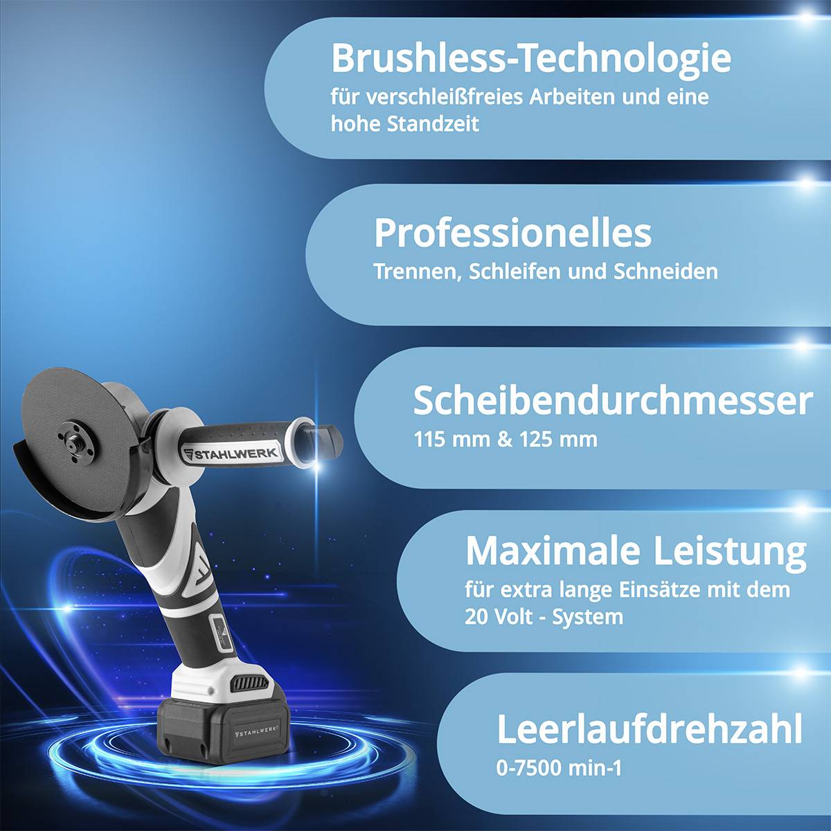 Kabelloser Winkelschleifer mit bürstenloser Technologie, konzipiert für professionelles Schneiden und Schleifen. Mit Scheibendurchmessern von 115 mm und 125 mm.