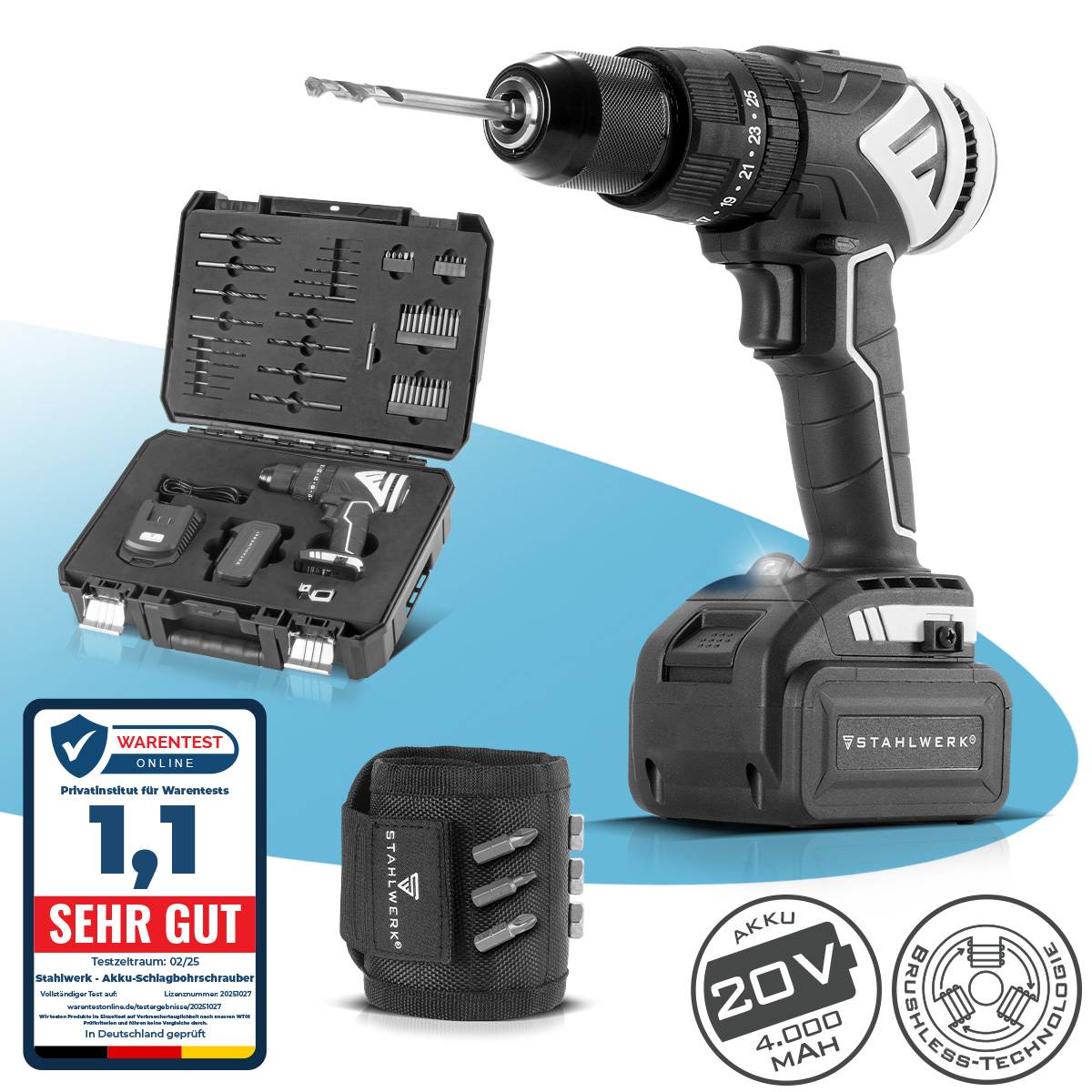 STAHLWERK Akku-Bohrschrauber ASB-20 ST mit Handwerker-Magnet-Armband Profi-Set