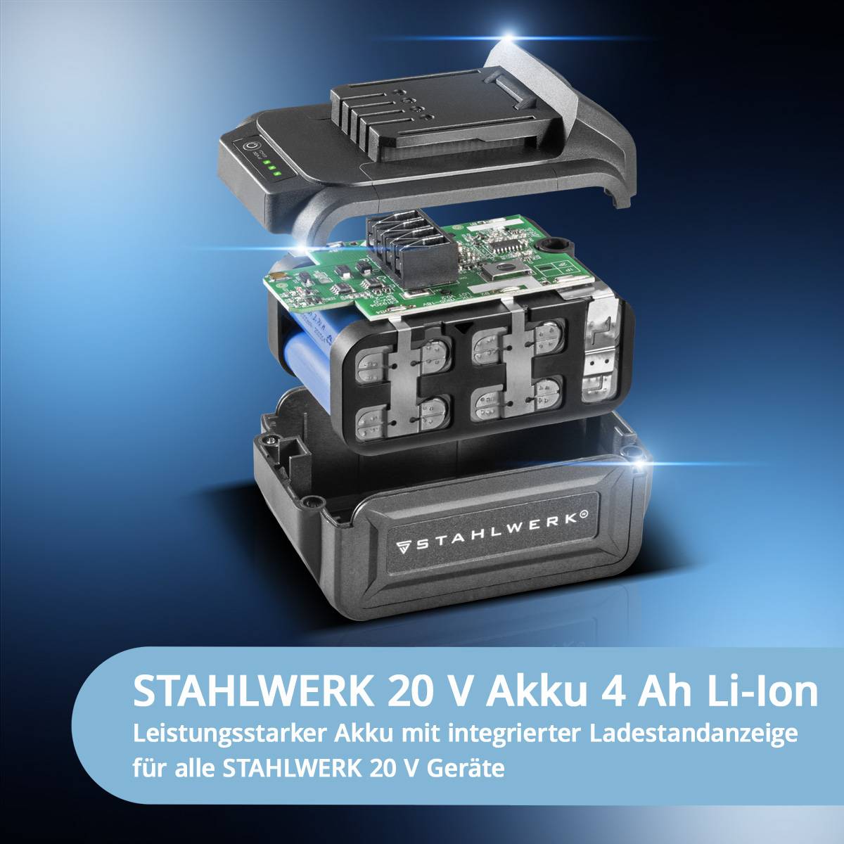 Explosionszeichnung eines STAHWERK 20V 4Ah Li-Ionen-Akkus mit seinen Komponenten, mit dem Text 'Leistungsstarker Akku mit integrierter Ladeanzeige für alle STAHWERK 20V Geräte' darunter.