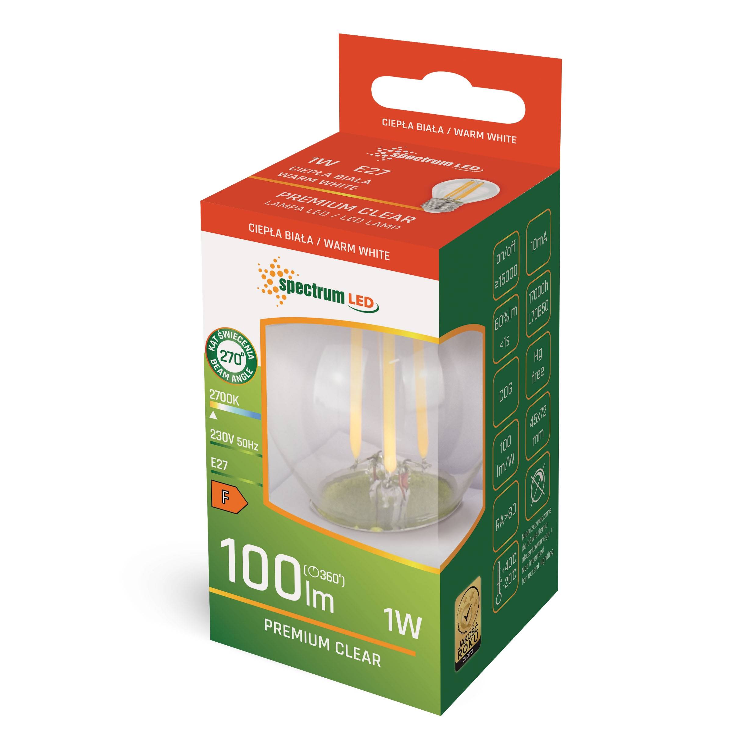 Spectrum LED E27 G45 Filament Klar 1W = 10W Tropfen 100lm 300° 230V Warmweiß 2700K