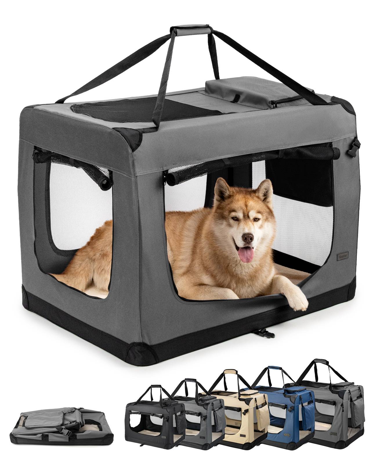 Ein Hund sitzt bequem in einem grauen, tragbaren Haustierträger mit Netzfenstern und Tragegriffen oben. Darunter sind zusätzliche Carrier in verschiedenen Farben ausgestellt.