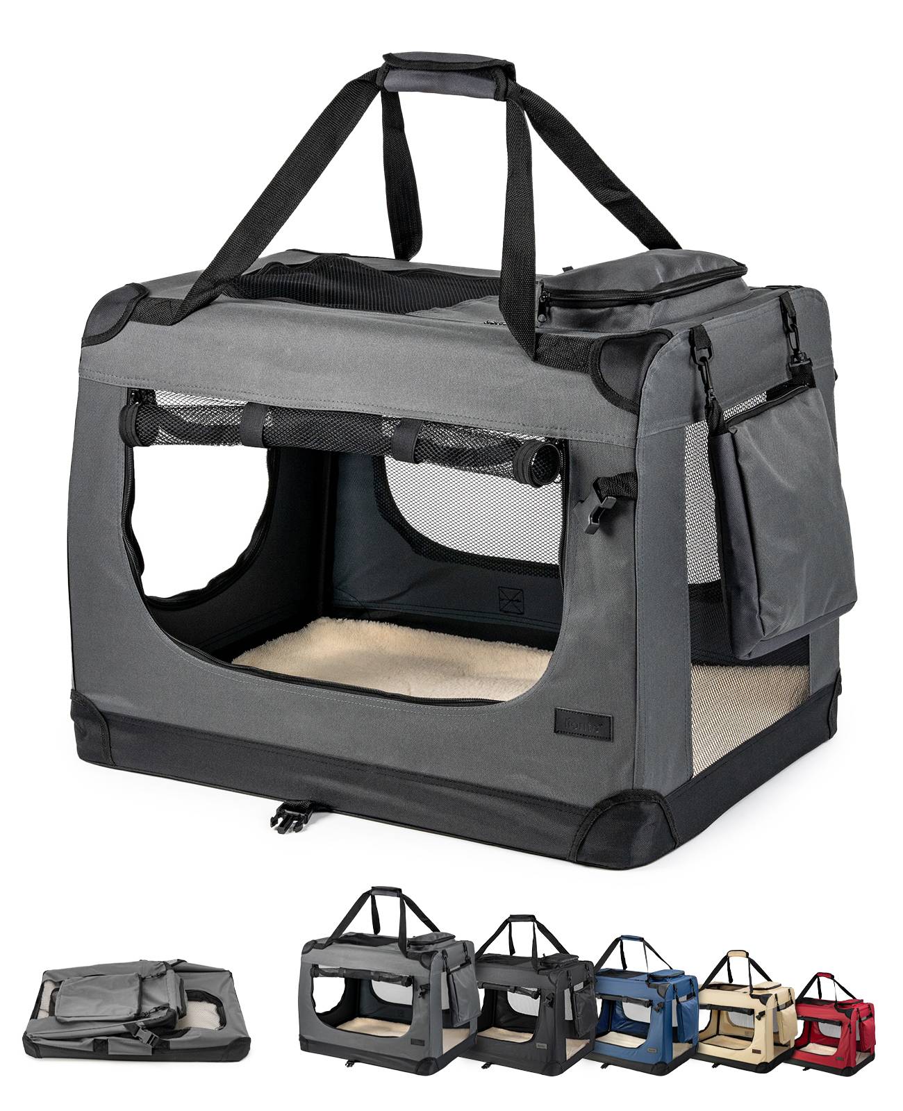 lionto Stoff-Katzentransportbox faltbar, belüftete Transportbox mit Reißverschluss-Zugängen & weichem Innenkissen, 50x34x36 cm, grau