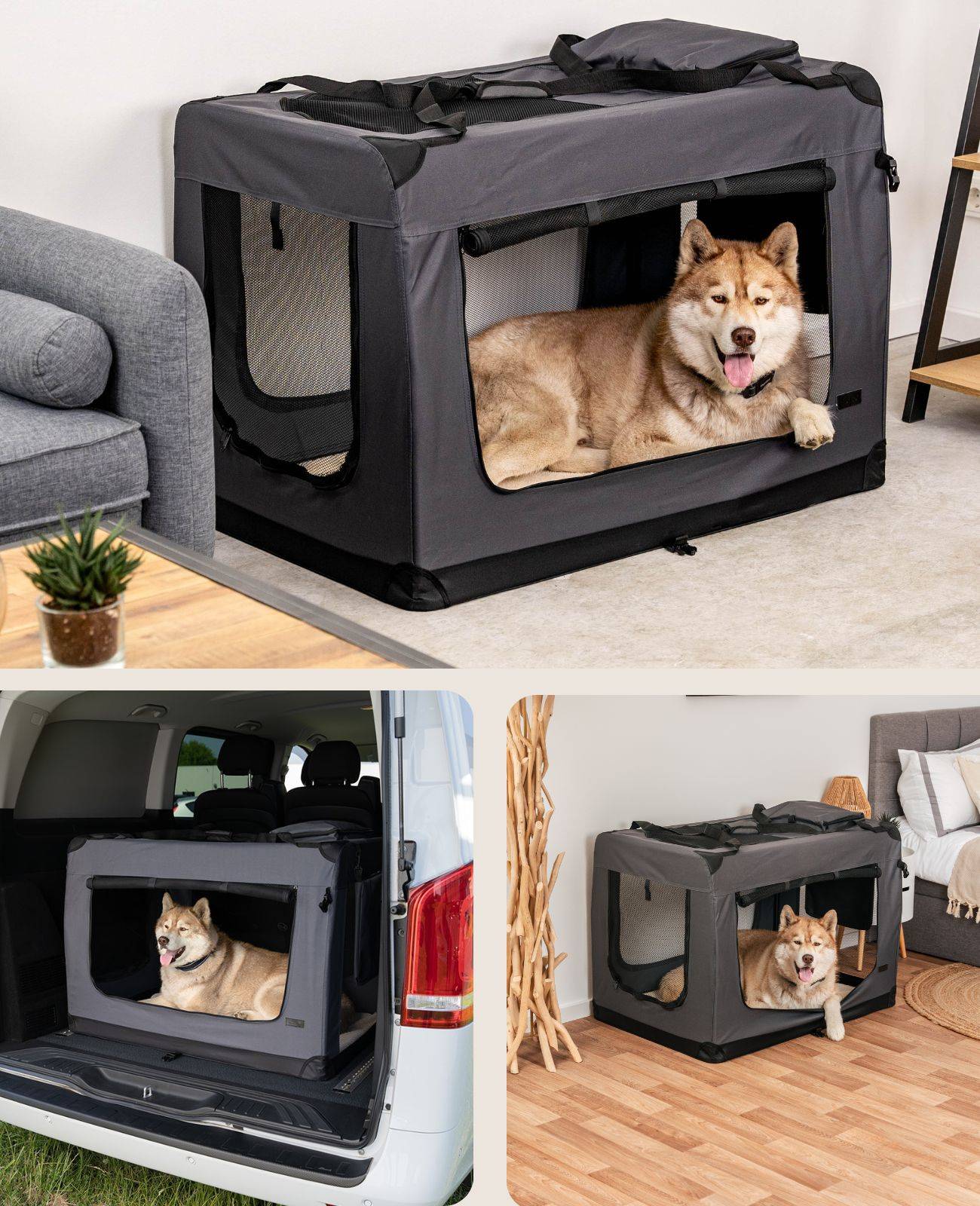 lionto Hundetransportbox faltbar, stabile Stoffbox mit Mesh-Einsätzen, ideal für Auto, Reise & Tierarzt, 101x69x70 cm, grau
