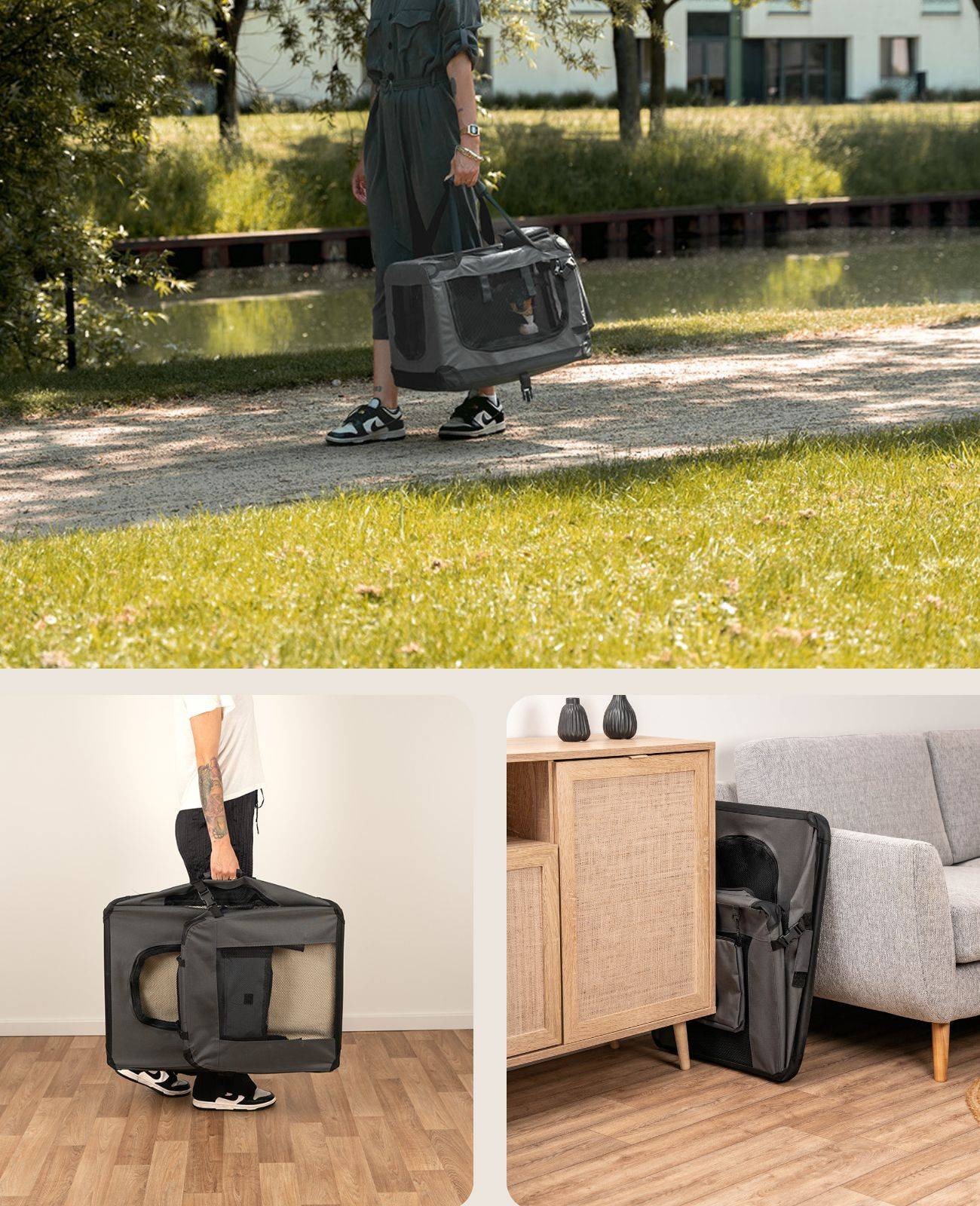 lionto Hundetransportbox faltbar, stabile Stoffbox mit Mesh-Einsätzen, ideal für Auto, Reise & Tierarzt, 50x34x36 cm, grau