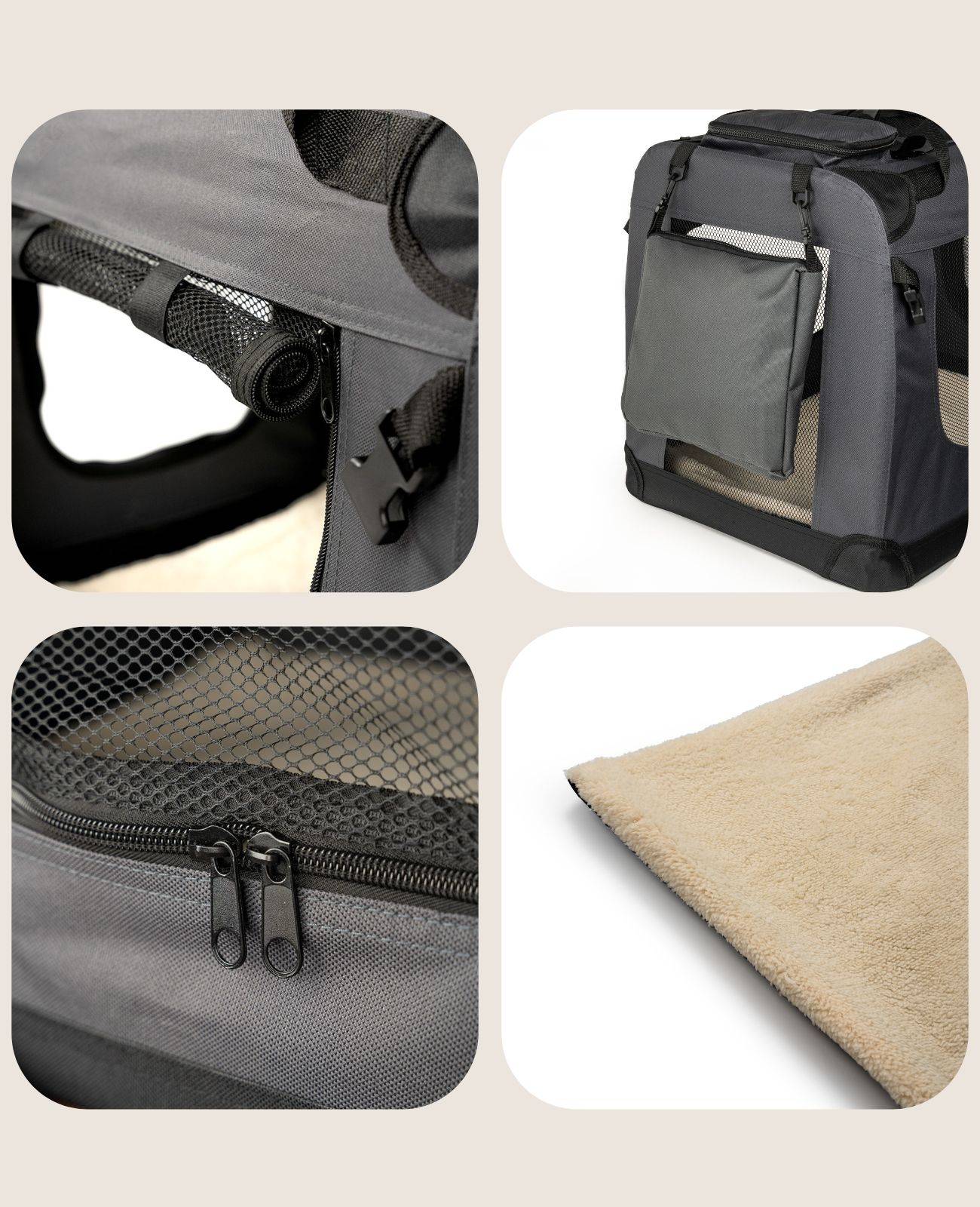 lionto Hundetransportbox faltbar, stabile Stoffbox mit Mesh-Einsätzen, ideal für Auto, Reise & Tierarzt, 50x34x36 cm, grau