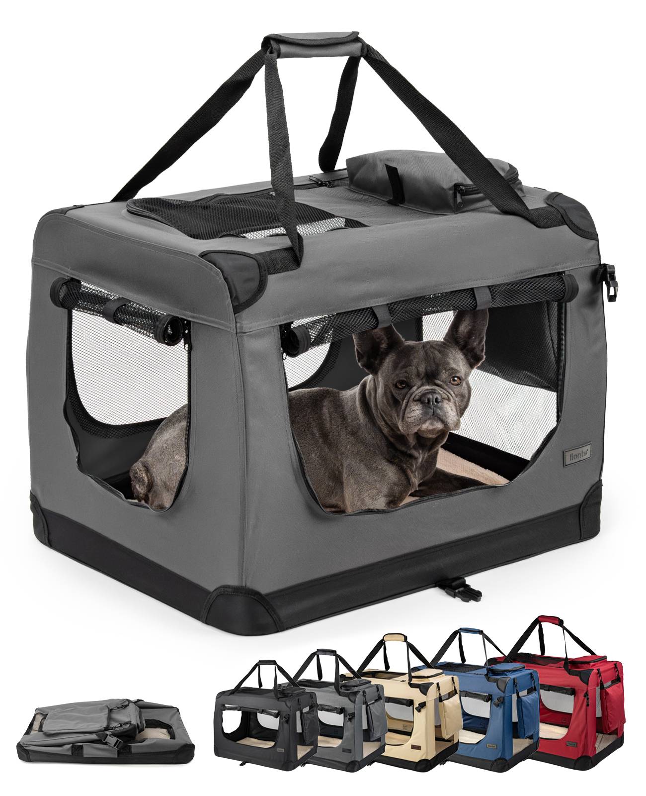 Ein grauer Haustierträger mit Netzseiten, in dem ein Hund zu sehen ist, umgeben von kleineren Bildern des Trägers in verschiedenen Farben: Schwarz, Blau, Braun und Rot.