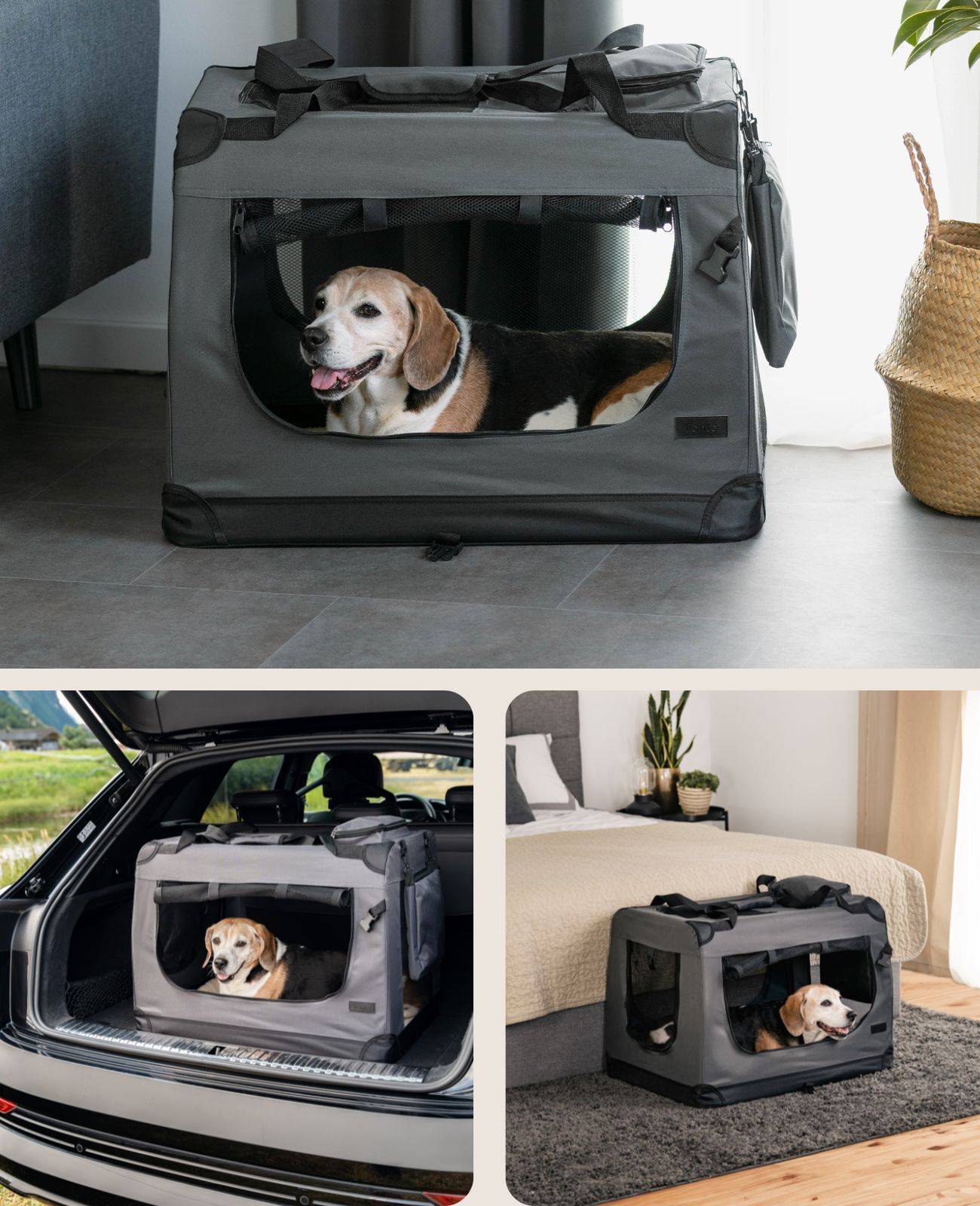 lionto Hundetransportbox faltbar, stabile Stoffbox mit Mesh-Einsätzen, ideal für Auto, Reise & Tierarzt, 70x52x50 cm, grau