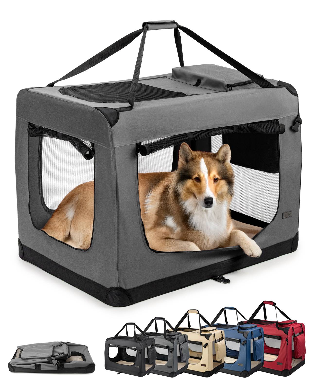 Ein Hund, der in einem tragbaren Stoff-Haustierkäfig mit Maschenfenstern liegt und dabei die Geräumigkeit und Belüftung des Käfigs zur Schau stellt.