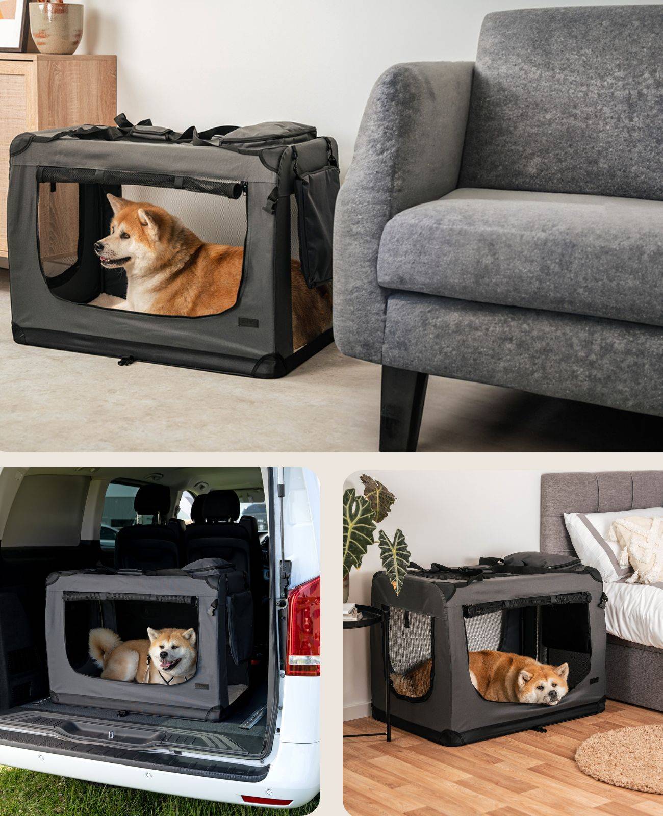 lionto Hundetransportbox faltbar, stabile Stoffbox mit Mesh-Einsätzen, ideal für Auto, Reise & Tierarzt, 90x61x65 cm, grau