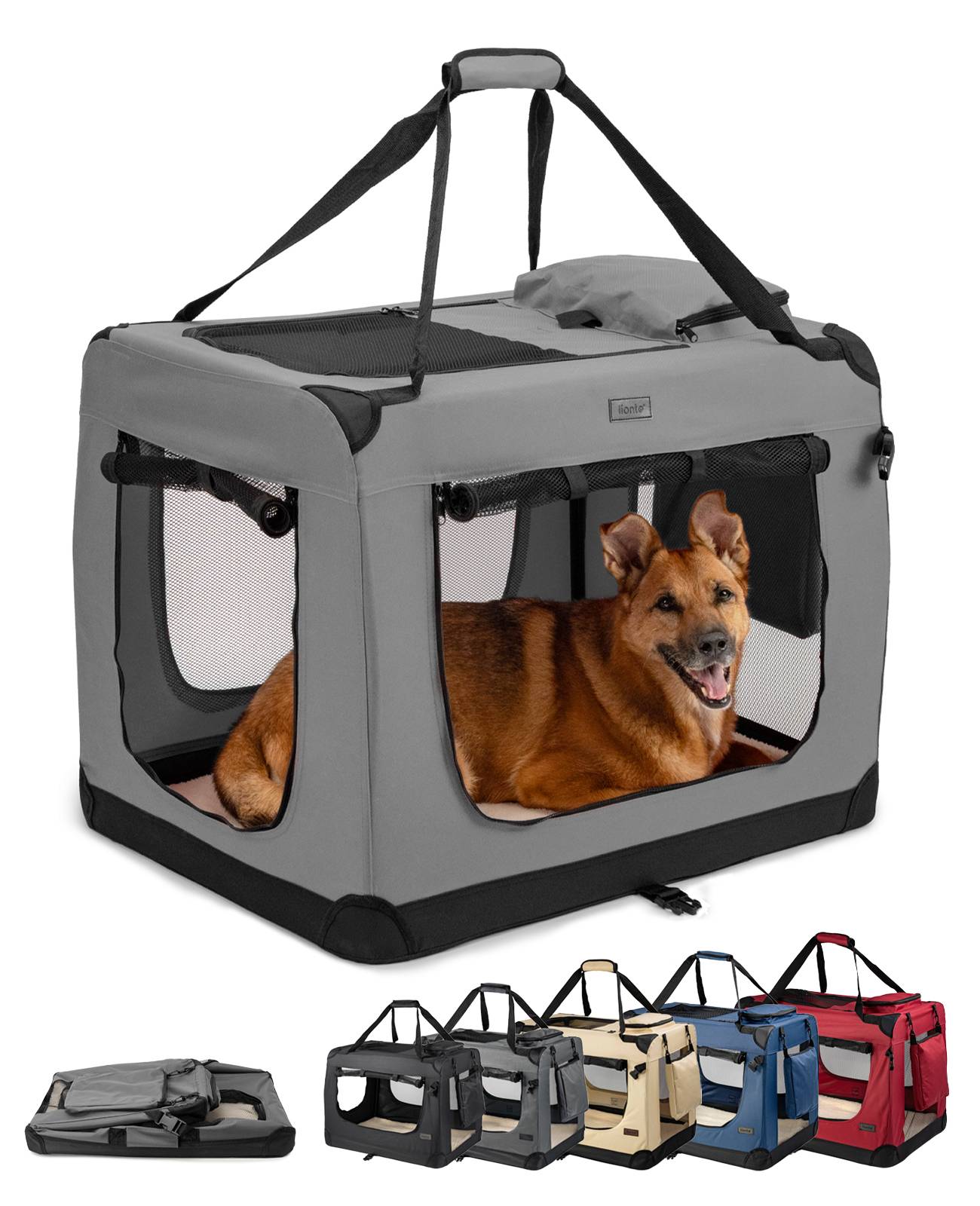 Ein brauner Hund sitzt in einem grauen, tragbaren Haustiertransportkorb mit Maschenseiten und einem Reißverschluss-Eingang. Der Transportkorb wird unten in mehreren Farben gezeigt.