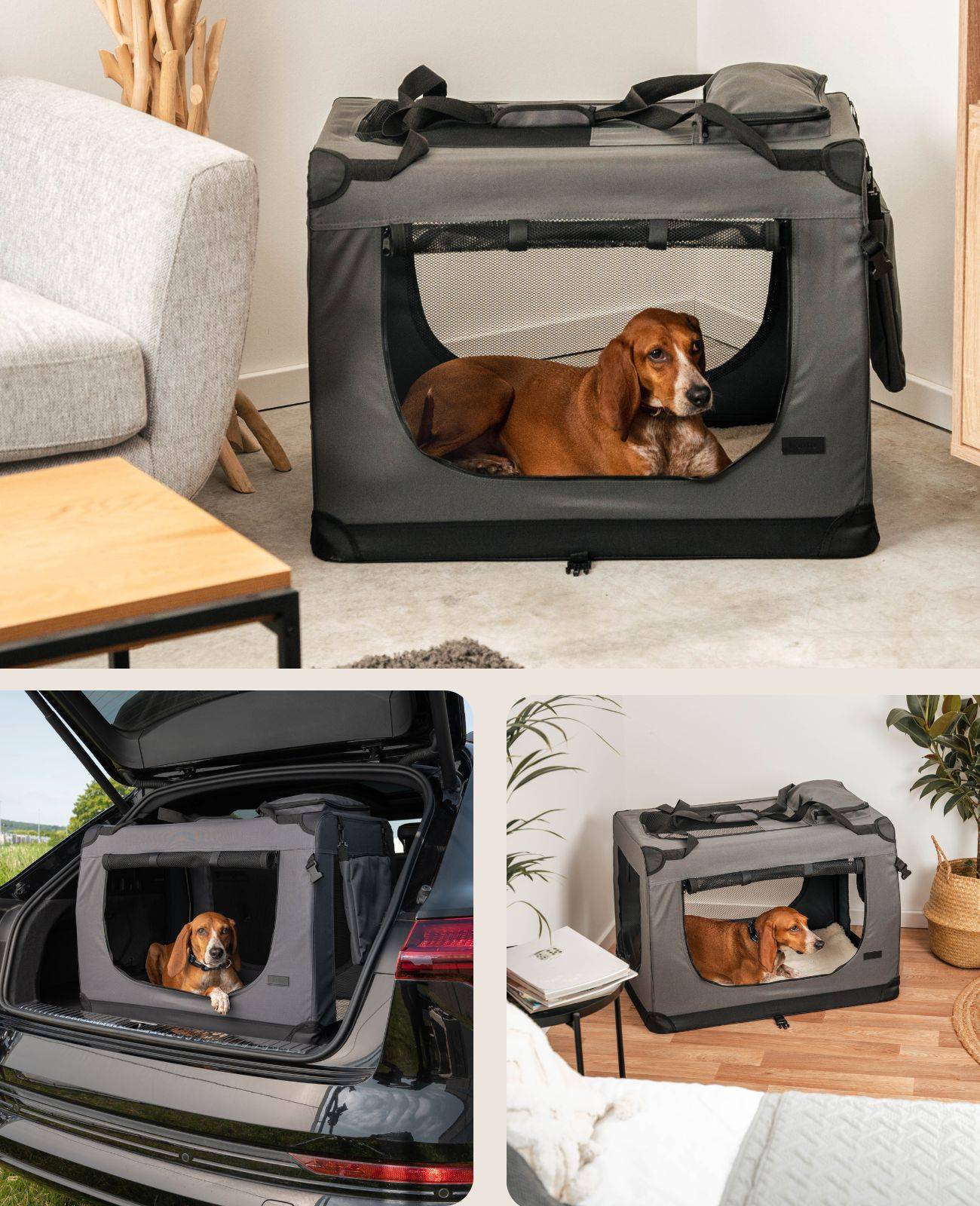 lionto Hundetransportbox faltbar, stabile Stoffbox mit Mesh-Einsätzen, ideal für Auto, Reise & Tierarzt, 82x58x58 cm, grau