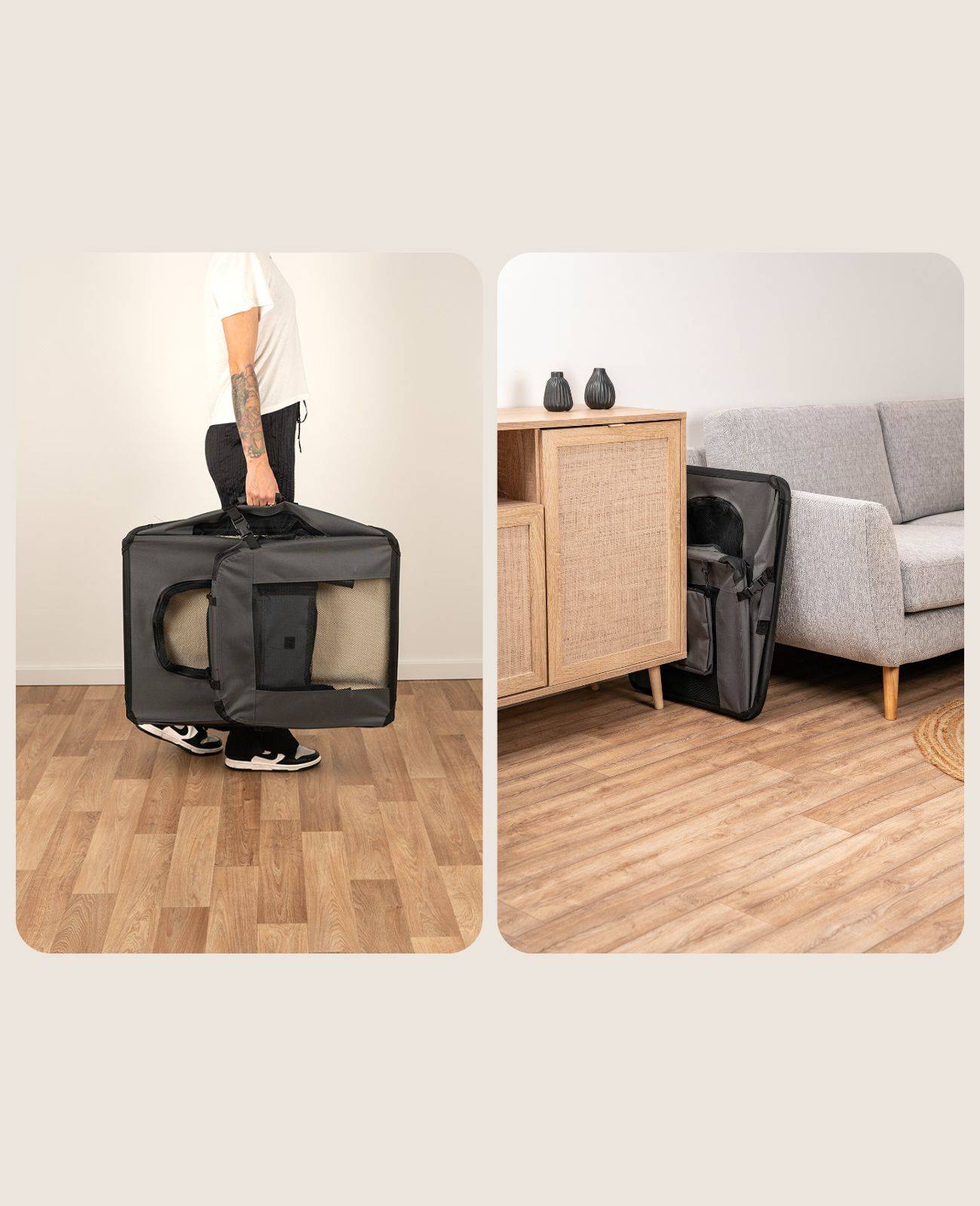 lionto Hundetransportbox faltbar, stabile Stoffbox mit Mesh-Einsätzen, ideal für Auto, Reise & Tierarzt, 82x58x58 cm, grau