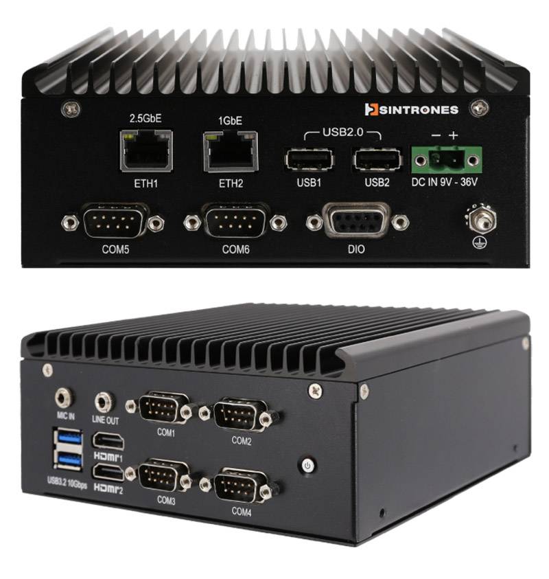 Sintrones SBOX-2624 Embedded Computer (AMD Ryzen R2312, 2x HDMI, 1x 2.5GbE, 1x GbE, 6x COM, DC-IN 9-36V)