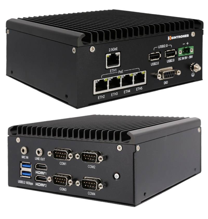 Sintrones SBOX-2624P Embedded Computer (AMD Ryzen R2312, 2x HDMI, 1x 2.5GbE, 4x GbE PoE, 4x COM, DC-IN 9-36V)
