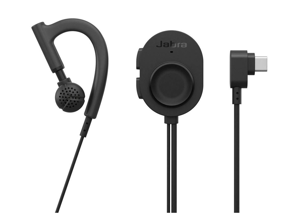 Schwarzer Jabra Headset mit Ohrbügel-Design und einem USB-Anschlusskabel. Ausgestattet mit einem Mikrofon für freihändige Nutzung.