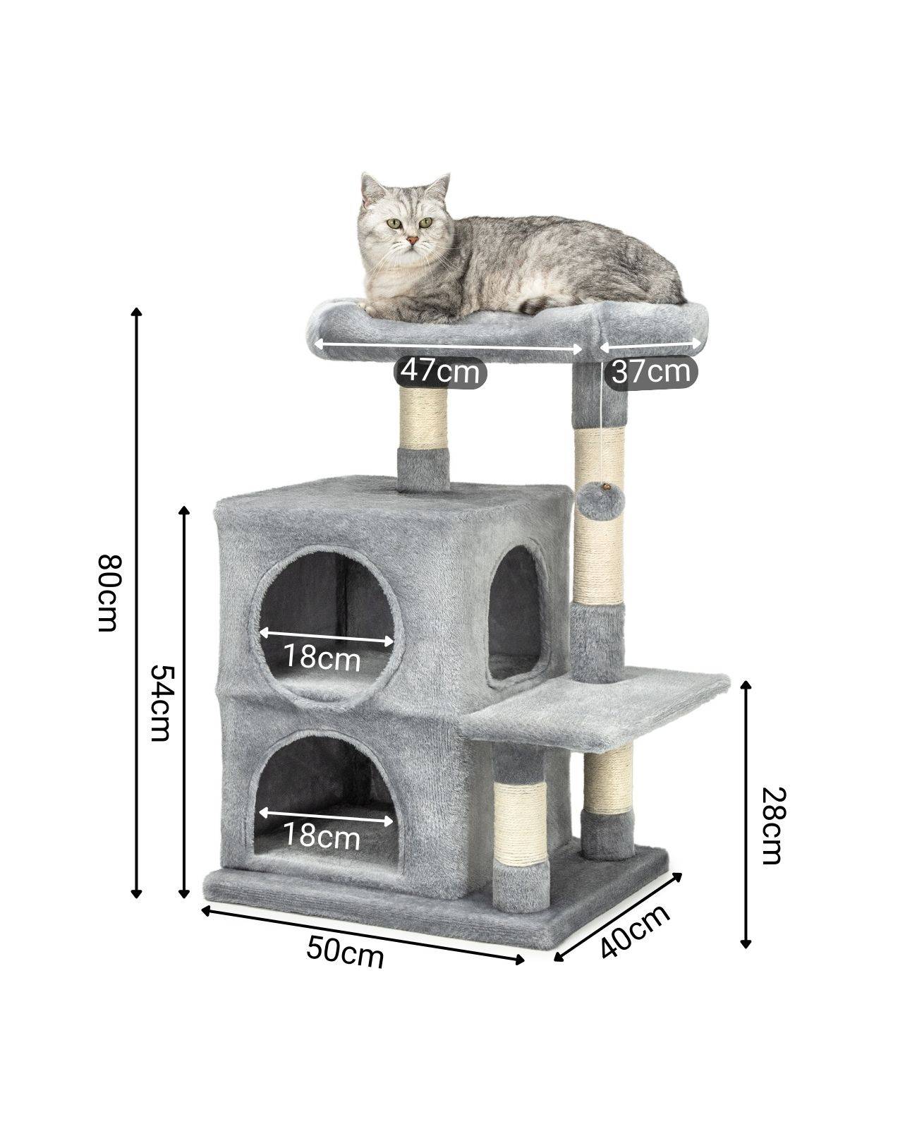lionto Kratzbaum für Katzen 80 cm, mit 2 Höhlen, Liegebett & Spielball, Sisalstämme für Krallenpflege, hellgrau