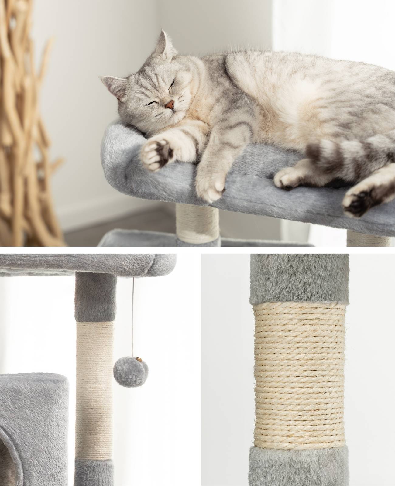 lionto Kratzbaum für Katzen 80 cm, mit 2 Höhlen, Liegebett & Spielball, Sisalstämme für Krallenpflege, hellgrau