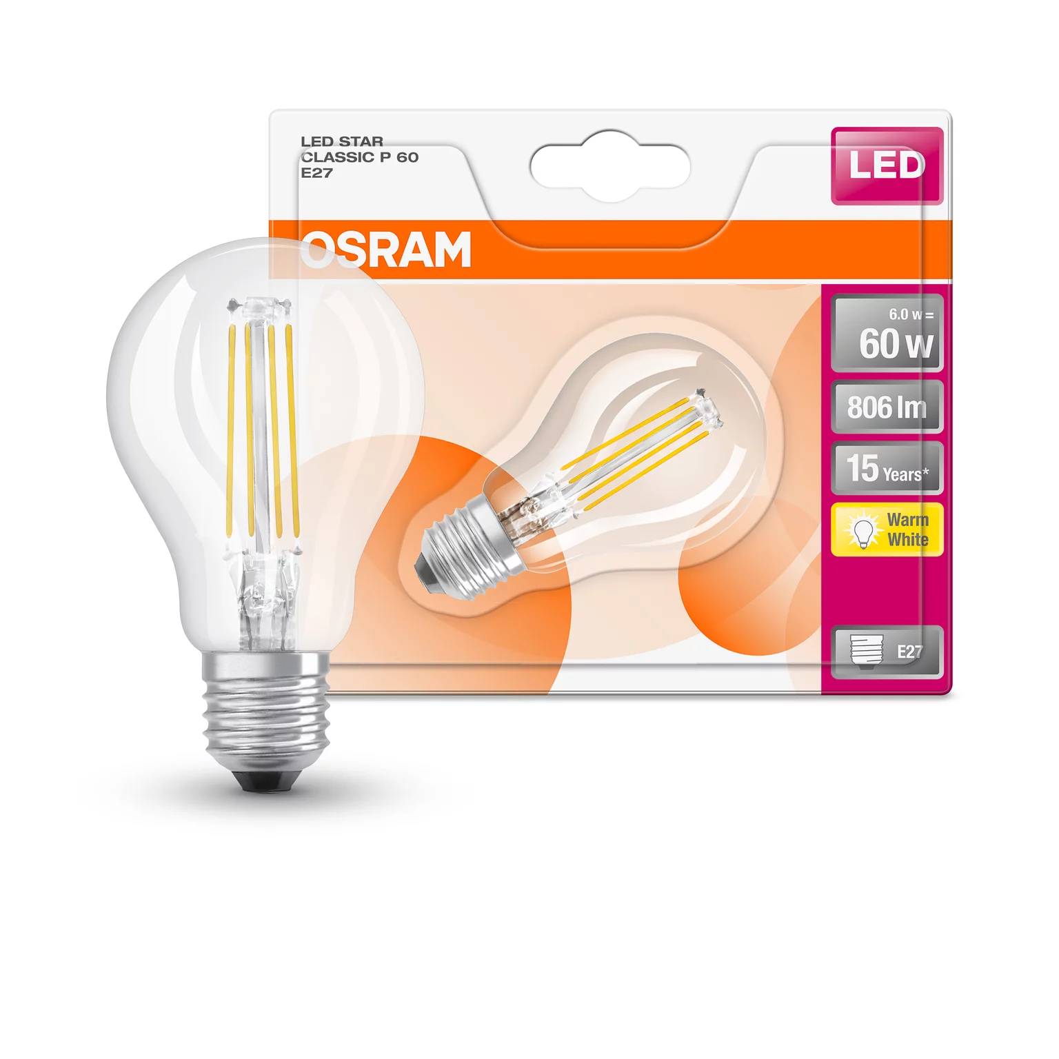 Osram LED E27 G45 Filament KLAR 6W = 60W Tropfen 806lm 230V Warmweiß 2700K