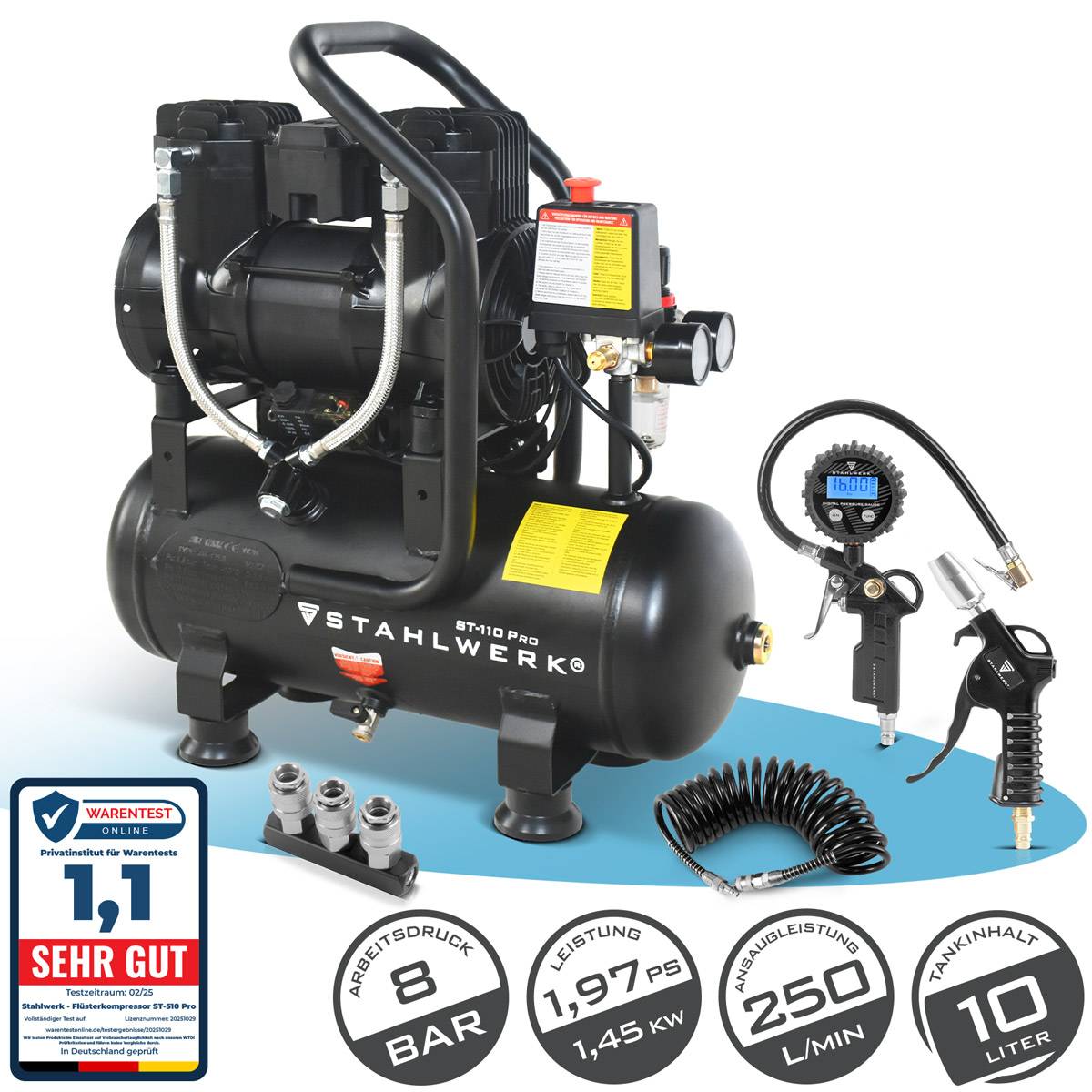 STAHLWERK Kompressor ST-110 Pro Druckluftset Vollausstattung