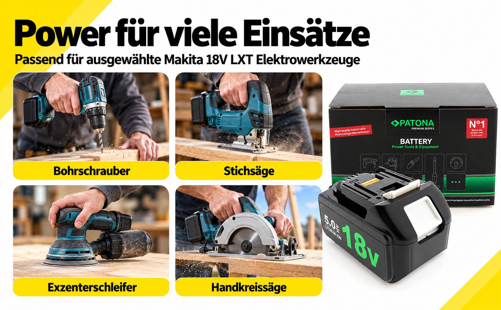 PATONA Premium Akku für Makita BL1850 LED 18V 5.0Ah Ersatzakku Li-Ion für LXT-Serie – 000 mAh