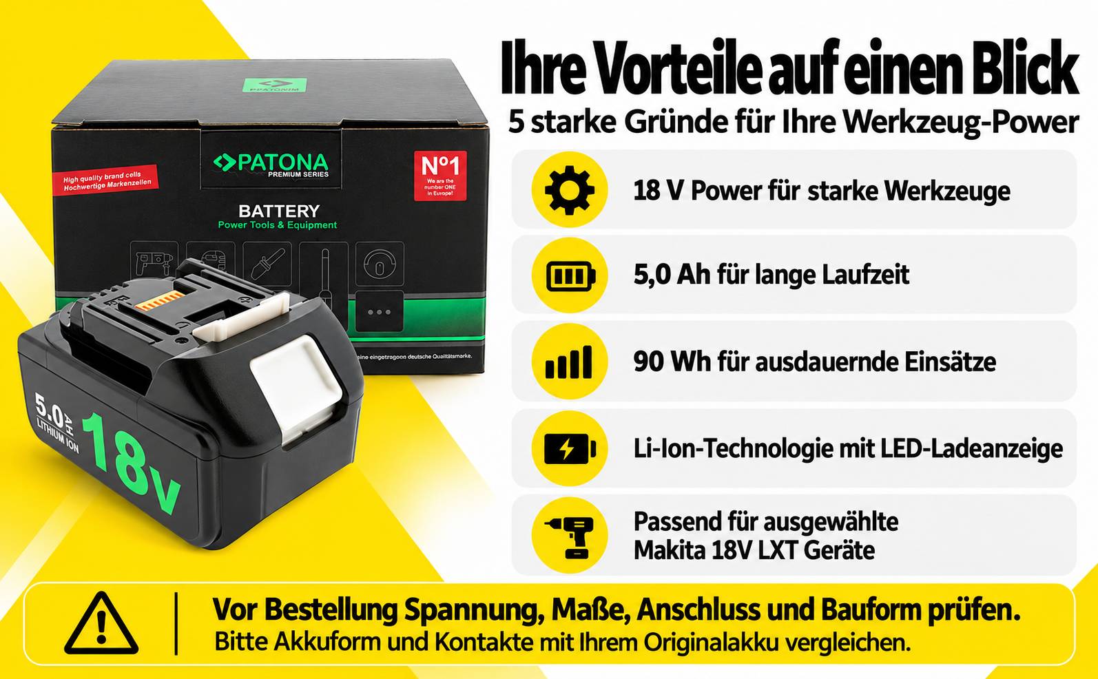PATONA Premium Akku für Makita BL1850 LED 18V 5.0Ah Ersatzakku Li-Ion für LXT-Serie – 000 mAh