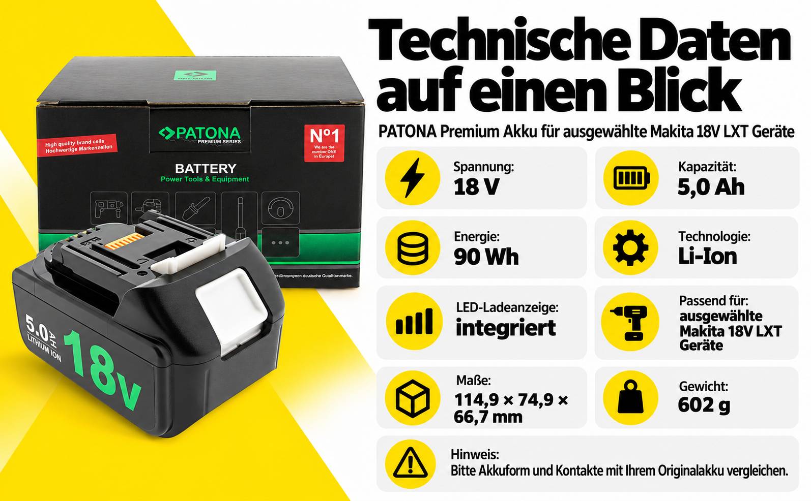 PATONA Premium Akku für Makita BL1850 LED 18V 5.0Ah Ersatzakku Li-Ion für LXT-Serie – 000 mAh