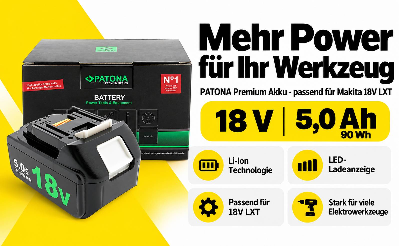 PATONA Premium Akku für Makita BL1850 LED 18V 5.0Ah Ersatzakku Li-Ion für LXT-Serie – 000 mAh