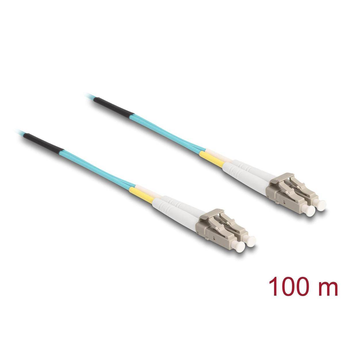 Zwei LC-LC Glasfaserkabel, jeweils mit einer 100-Meter-Kennzeichnung, mit blauen und gelben Steckverbindern.