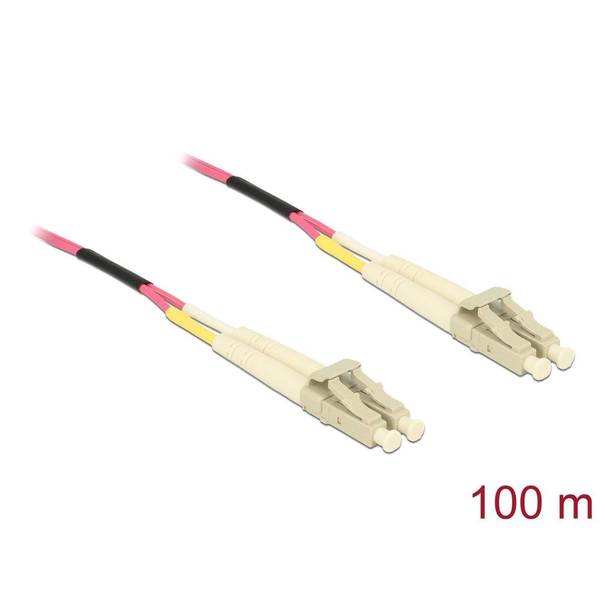 LC-Multimode-Glasfaserkabel, beige Stecker, rote und gelbe Leitungen, 100 m Länge angegeben.