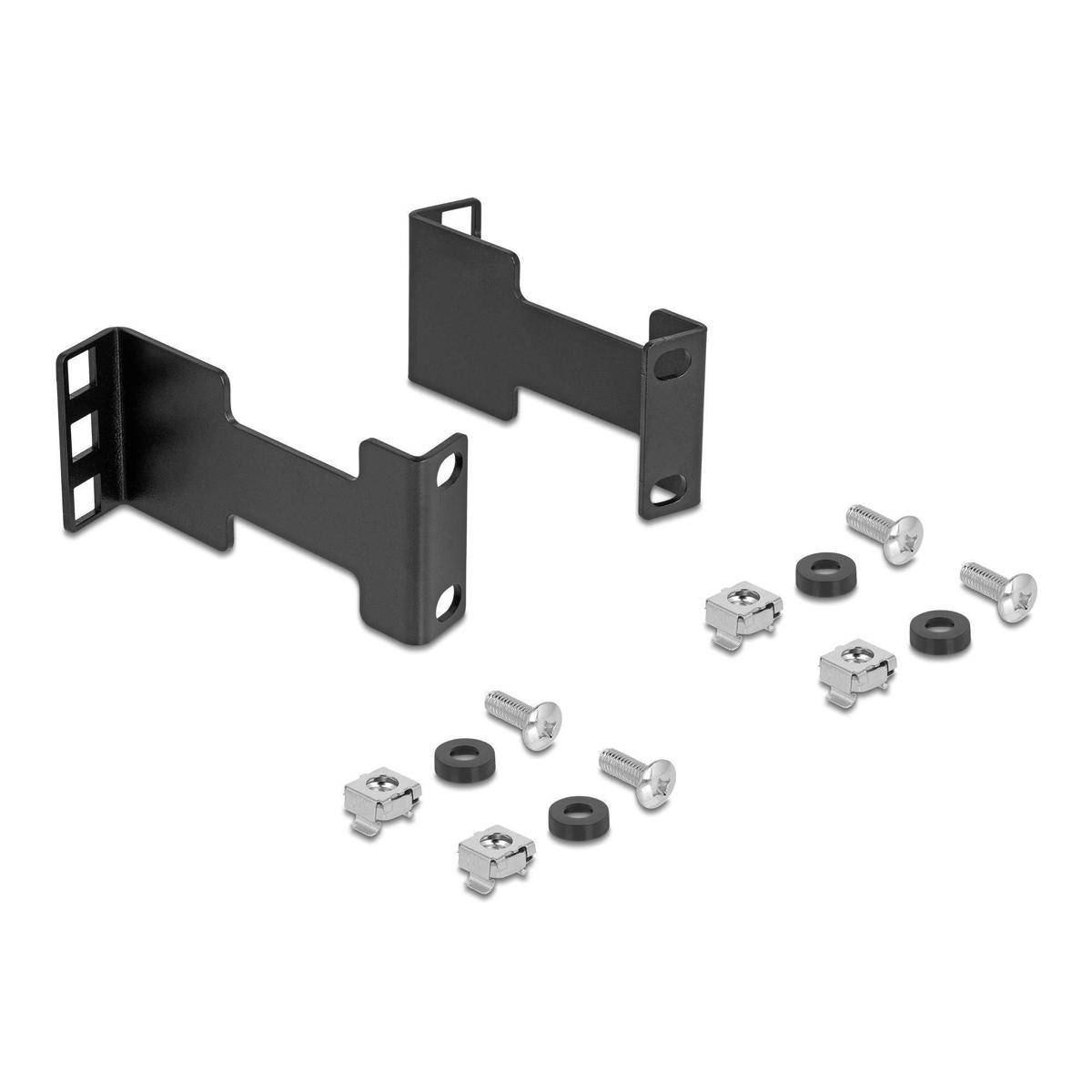 Zwei schwarze Metallmontageklammern mit Schrauben, Clips und Gummiabstandshaltern, die als Hardwarekomponenten auf weißem Hintergrund dargestellt sind.