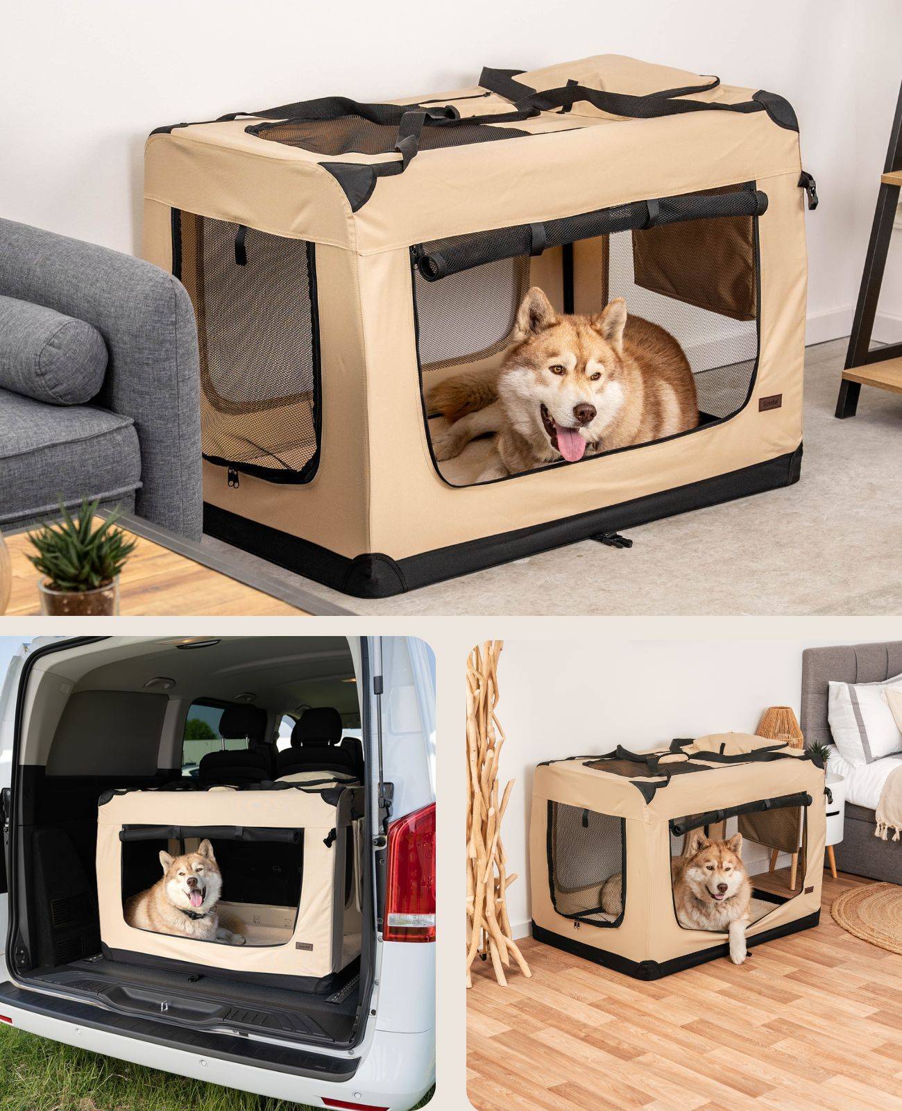 lionto Hundetransportbox faltbar, stabile Stoffbox mit Mesh-Einsätzen, ideal für Auto, Reise & Tierarzt, 101x69x70 cm, beige