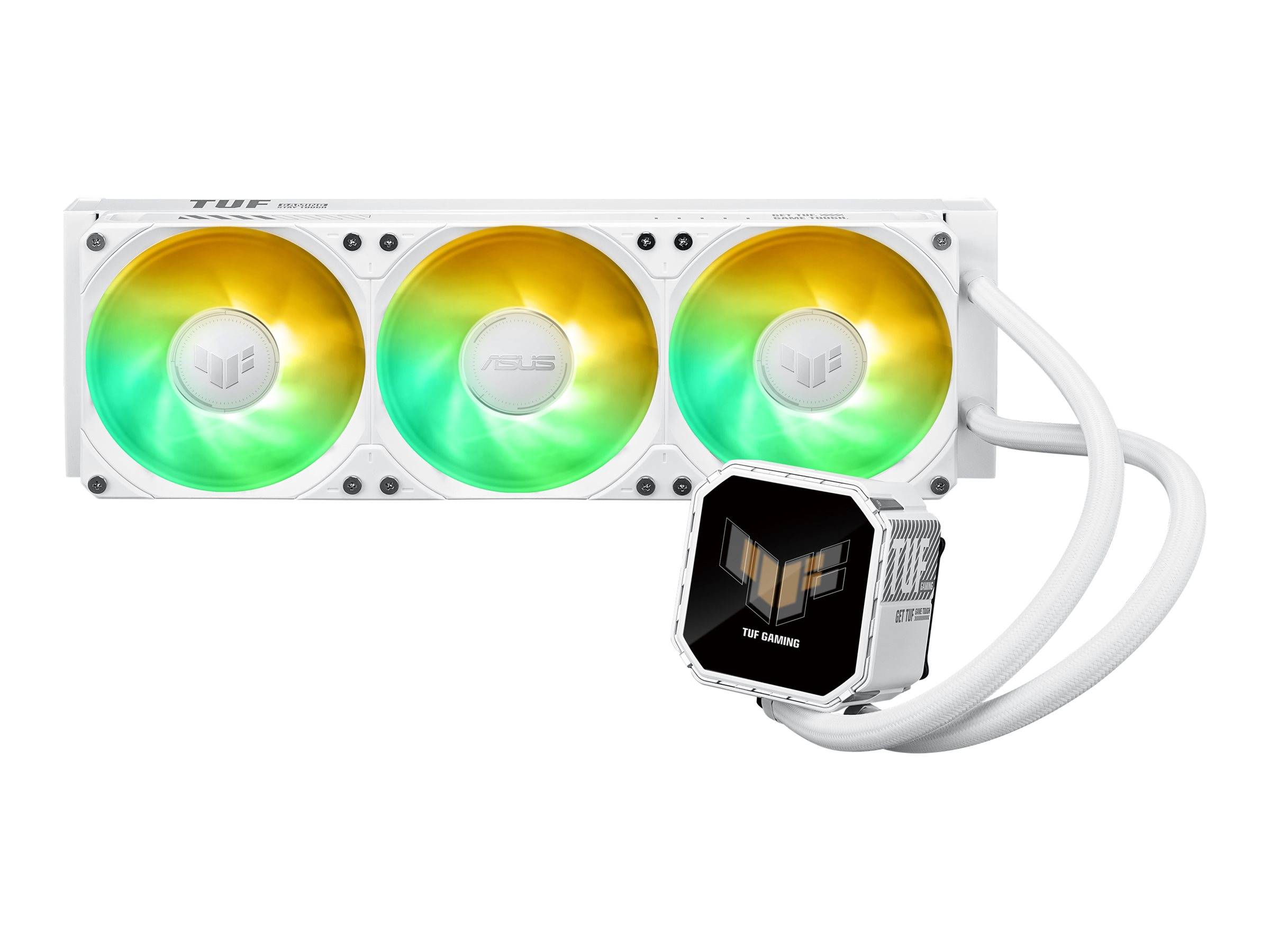 Weiße Triple-Lüfter-Flüssigkeitskühlung für die CPU mit RGB-Beleuchtung und einem quadratischen Pumpenblock, verbunden durch weiße Schläuche.