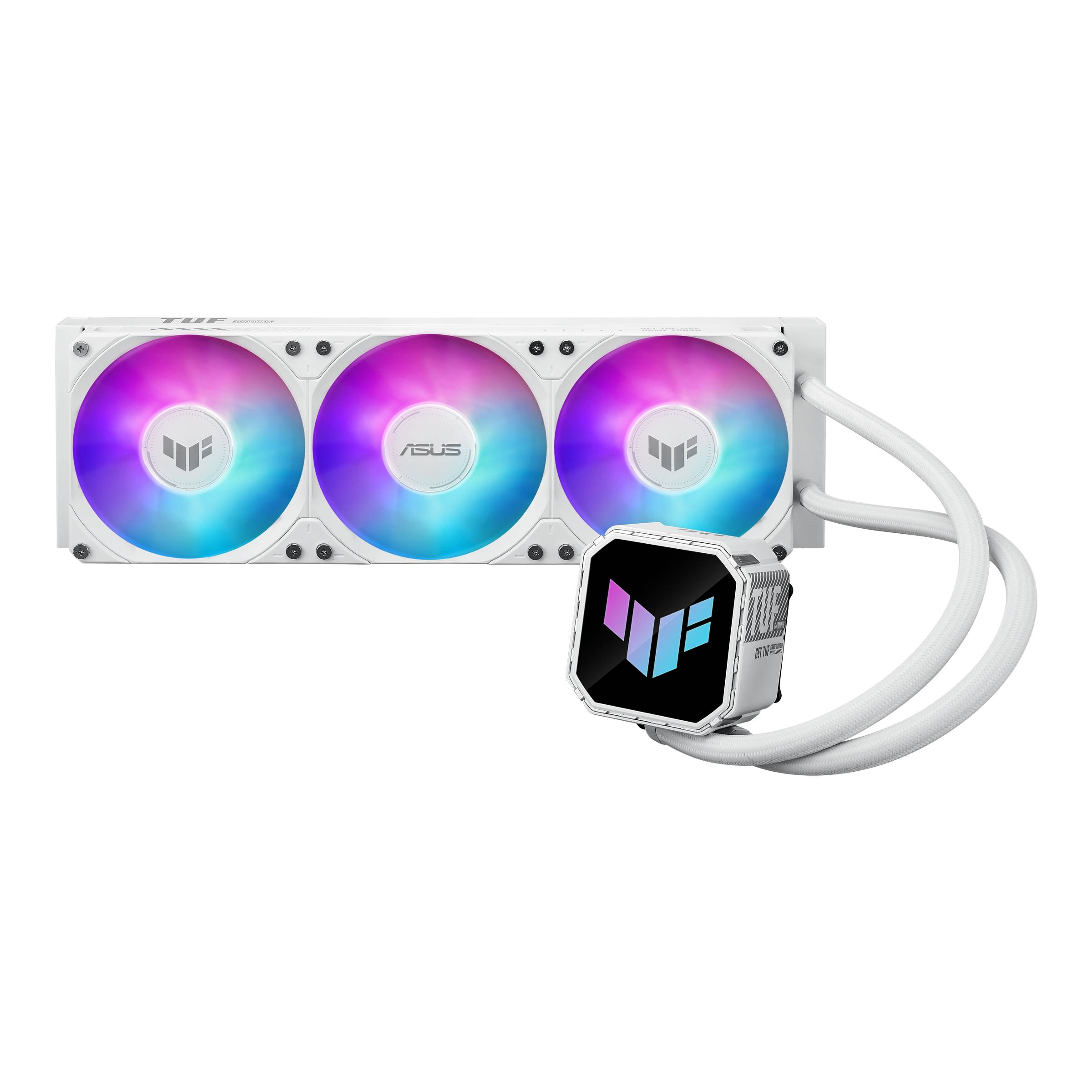 Weißer ASUS Flüssigkeits-CPU-Kühler mit drei Lüftern und RGB-beleuchteten Lüftern, weißer Schlauchleitung und quadratischem Pumpenkopf auf schwarzem Hintergrund.