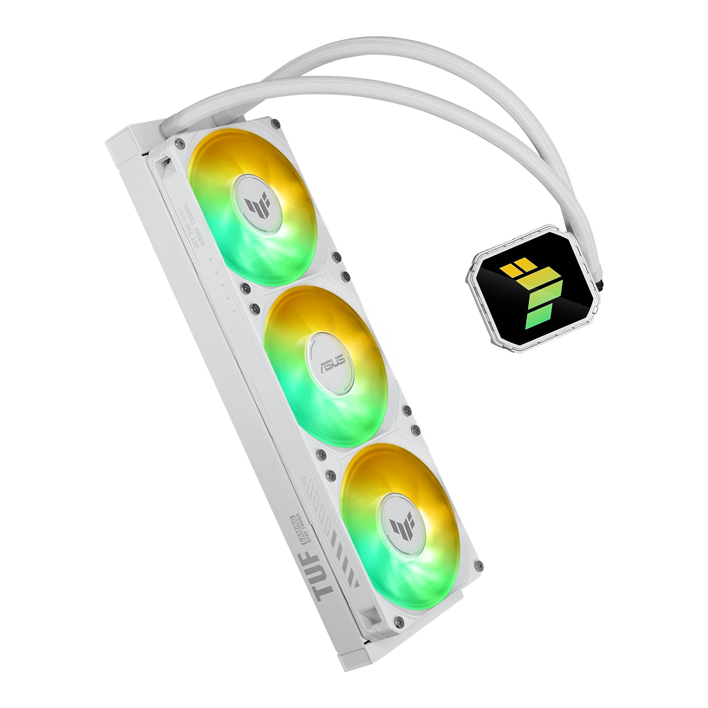 Weißer CPU-Flüssigkeitskühler mit drei Lüftern und RGB-beleuchteten Lüftern sowie leuchtendem Kühlblock auf schwarzem Hintergrund.