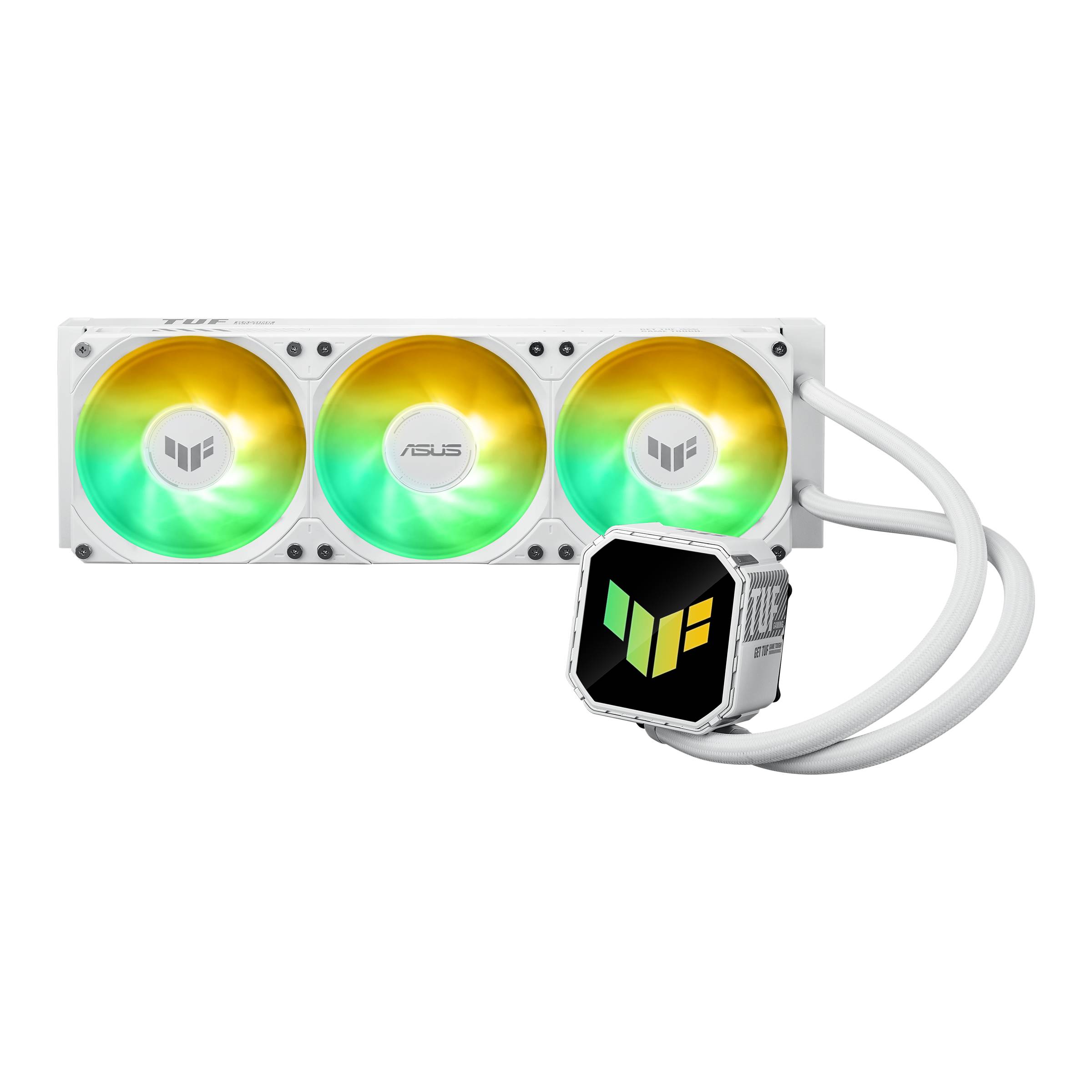 Weißer ASUS Flüssigkühler für CPU mit drei Lüftern, RGB-Beleuchtung und quadratischem Pumpenblock auf schwarzem Hintergrund.