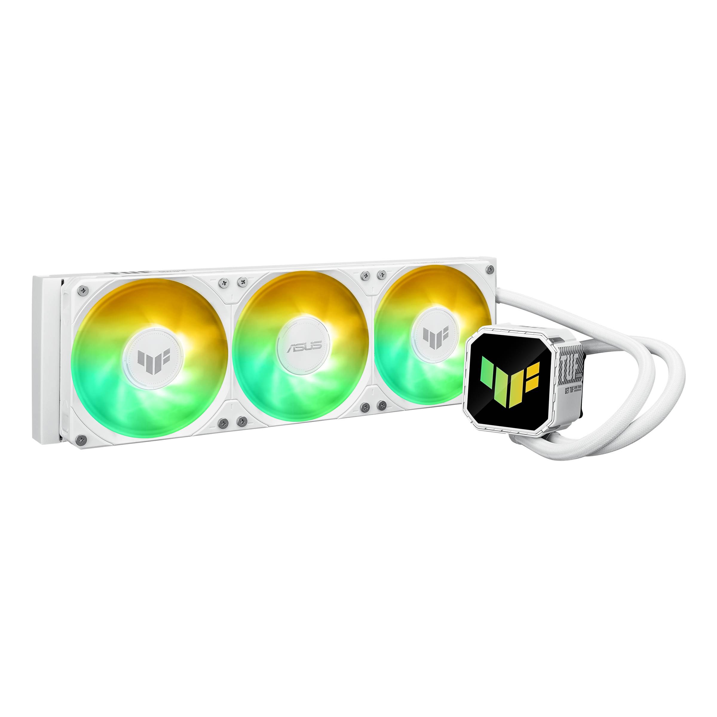 Weiße Triple-Fan-Flüssigkeitskühlung für CPUs mit RGB-Beleuchtung und quadratischem leuchtenden Pumpenkopf, auf schwarzem Hintergrund dargestellt.