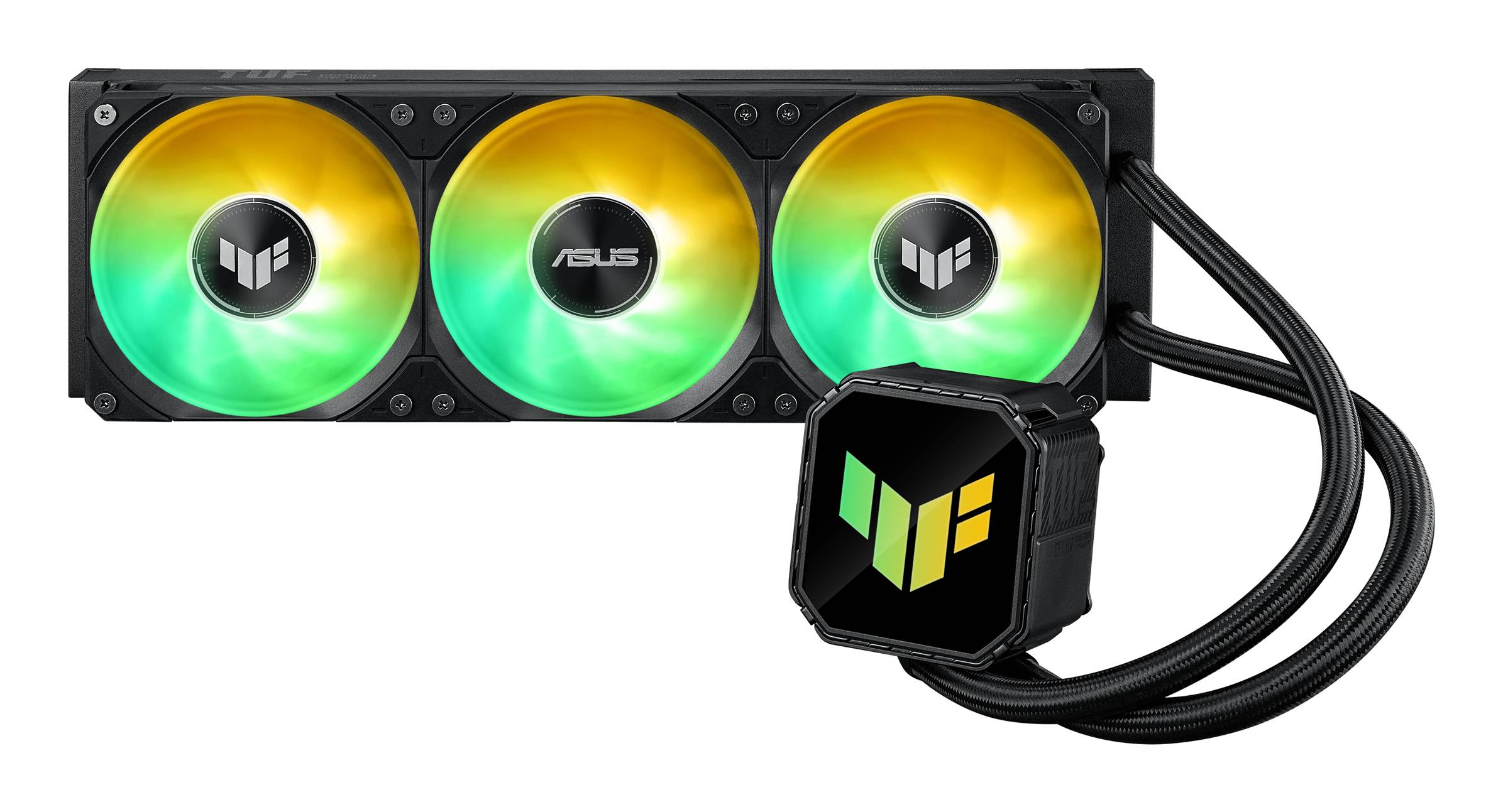 ASUS Flüssigkühler für die CPU mit drei RGB-Lüftern und einem leuchtenden Pumpenblock, dargestellt mit angeschlossenem schwarzem Schlauch auf weißem Hintergrund