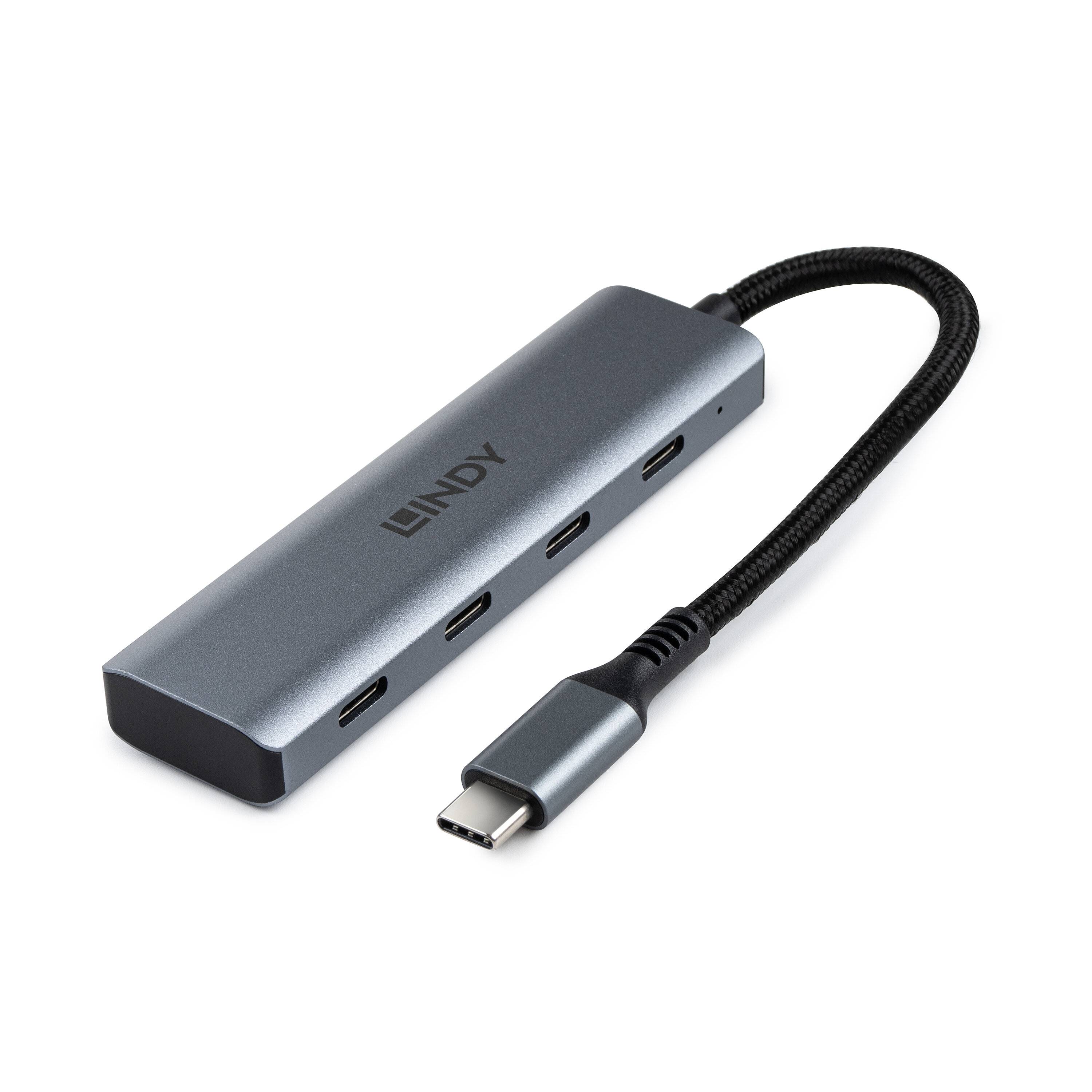 USB-C-Hub-Adapter mit vier USB-Anschlüssen und angebrachtem Geflechtkabel