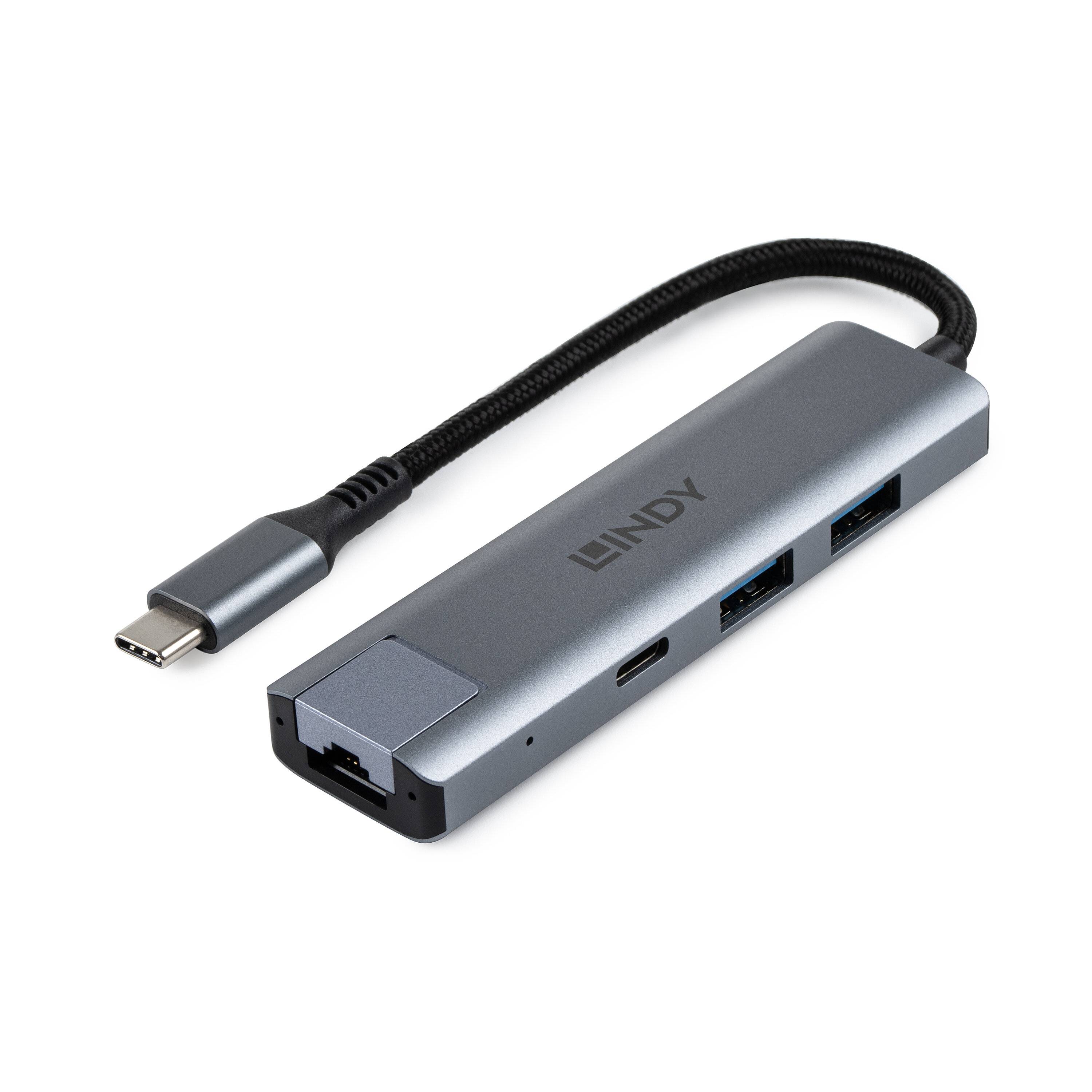 USB-C-Hub-Adapter mit Ethernet-Anschluss, zwei USB-A-Anschlüssen, USB-C-Kabel und LINDY-Branding auf weißem Hintergrund