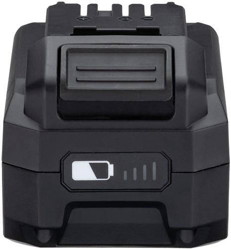 Eine schwarze wiederaufladbare Akkueinheit für Elektrowerkzeuge mit einer LED-Anzeige, die drei von vier Balken zeigt und damit einen teilweisen Ladezustand andeutet.