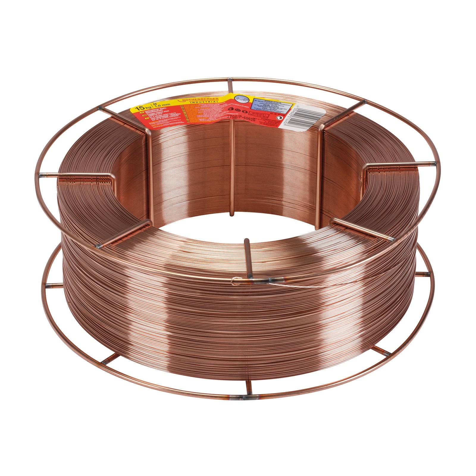 Eine Rolle Kupfer-farbenen Schweißdrahts auf einer Spule, gekennzeichnet für MIG-Schweißen, mit sichtbaren Verpackungsdetails auf dem inneren Abschnitt.