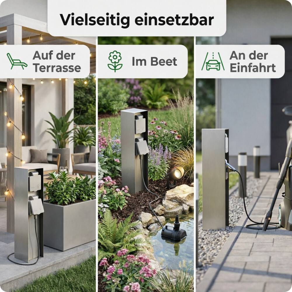 LED Universum Außensteckdose 2 Steckplätze silber