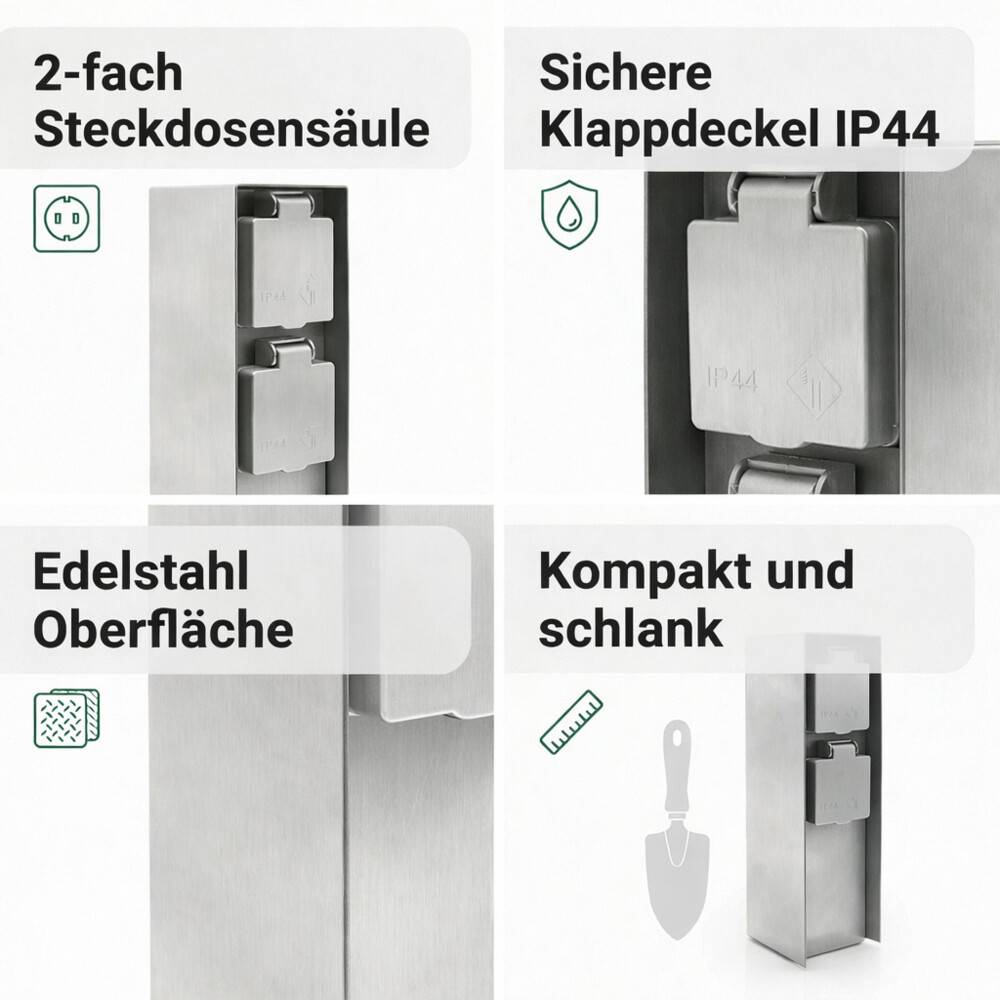 LED Universum Außensteckdose 2 Steckplätze silber