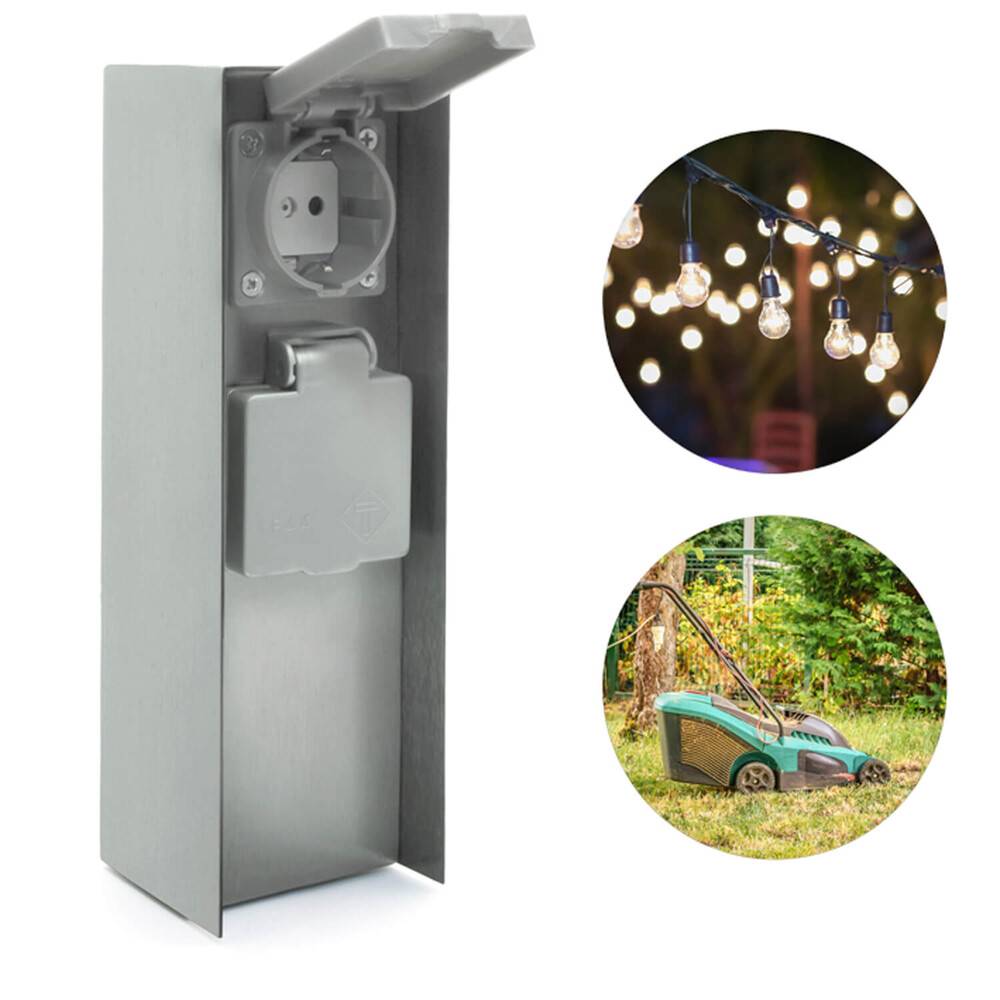 LED Universum Außensteckdose 2 Steckplätze silber